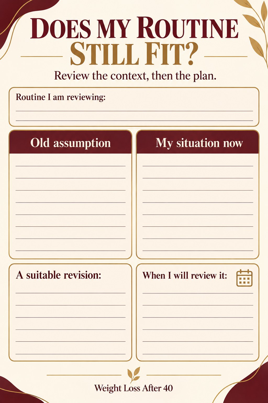 Blank routine-fit review with columns for an old assumption and current circumstances plus a revision field