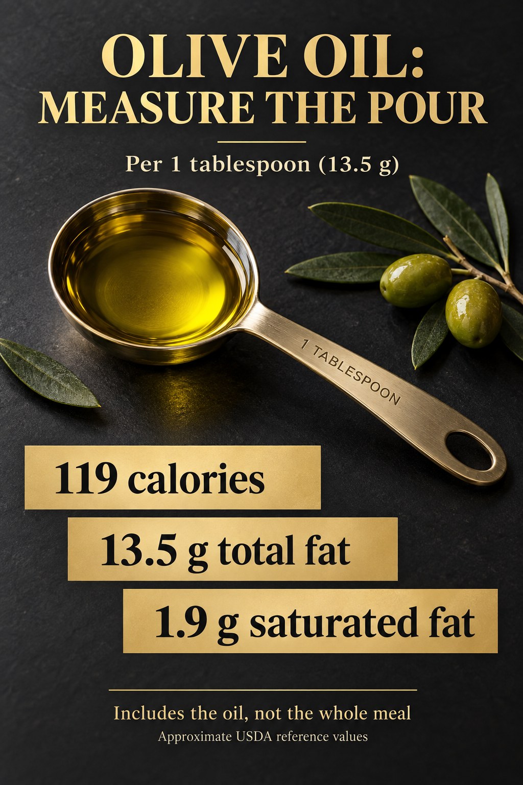 Olive oil infographic showing 119 calories, 13.5 g total fat, and 1.9 g saturated fat per tablespoon weighing 13.5 g.