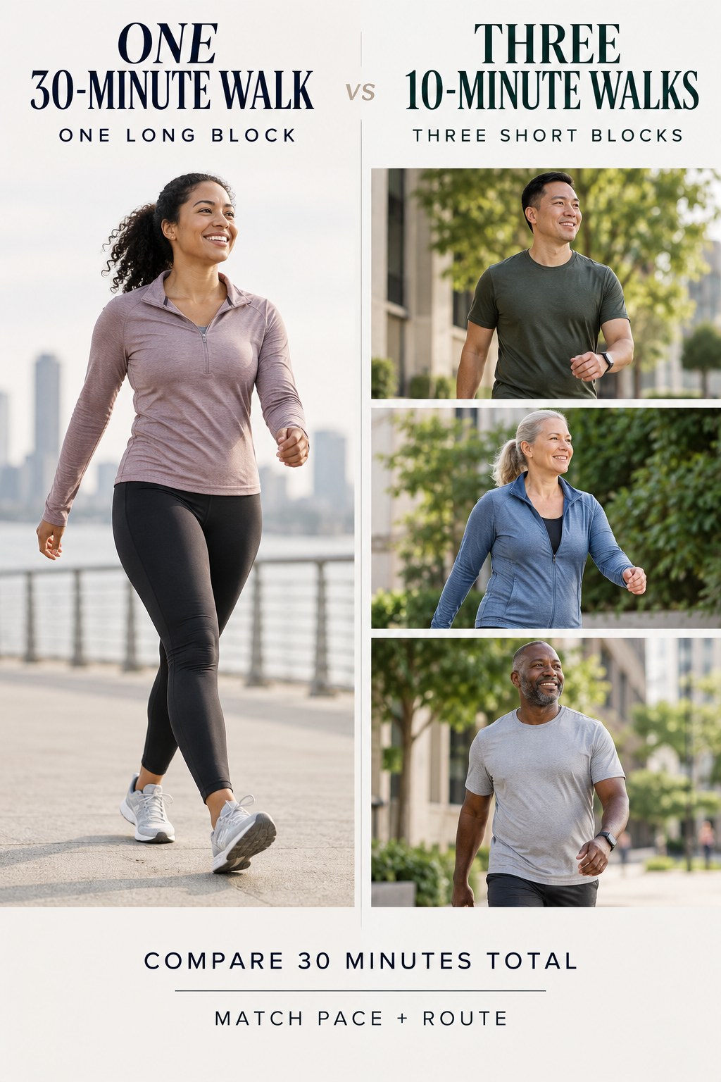 One continuous 30-minute walk compared with three separate 10-minute walks on safe routes.