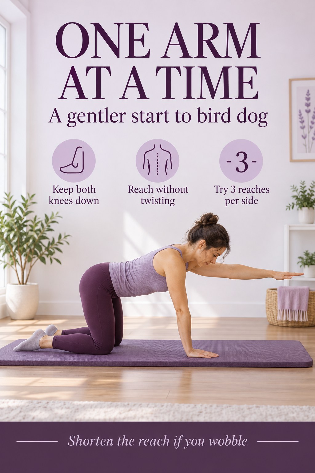 Woman on hands and knees reaches one arm forward while keeping both knees on a mat in a lavender beginner fitness poster.