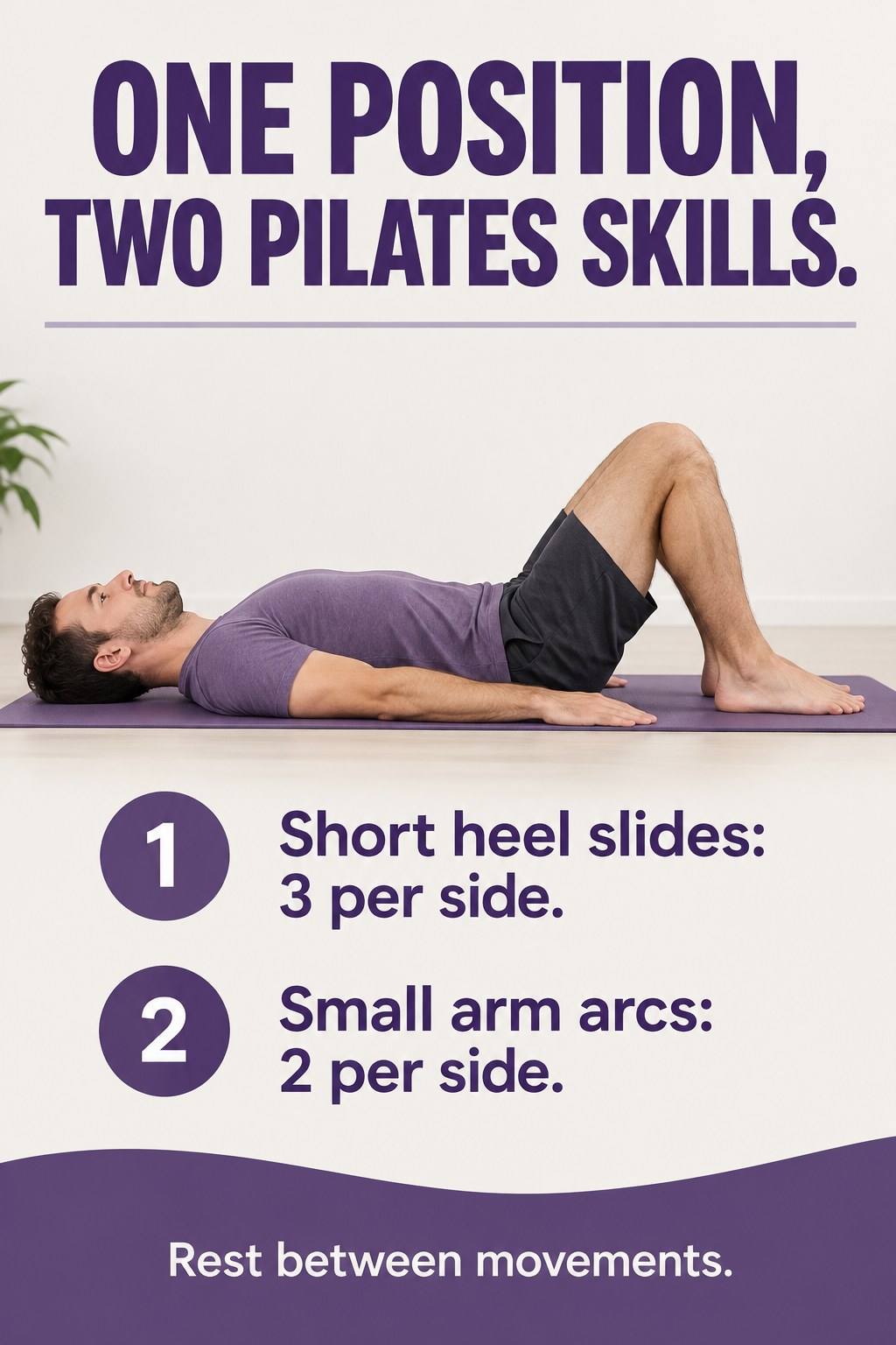 Adult resting supine on a Pilates mat with bent knees and grounded feet in a bright room.