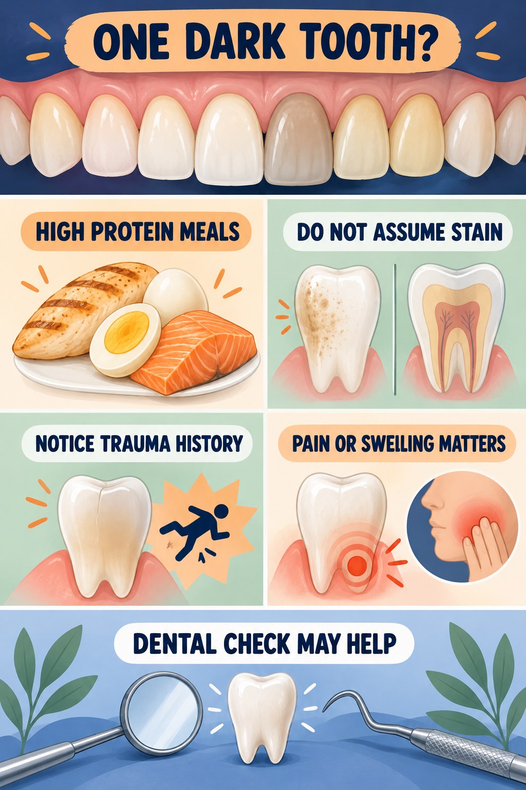 One Dark Tooth Needs a Closer Look infographic for High Protein Meals with four concise tooth-discoloration safety points.