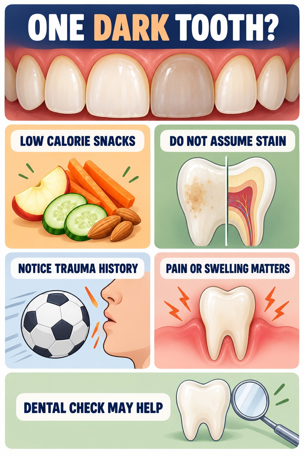 One Dark Tooth Needs a Closer Look infographic for Low Calorie Snacks with four concise tooth-discoloration safety points.