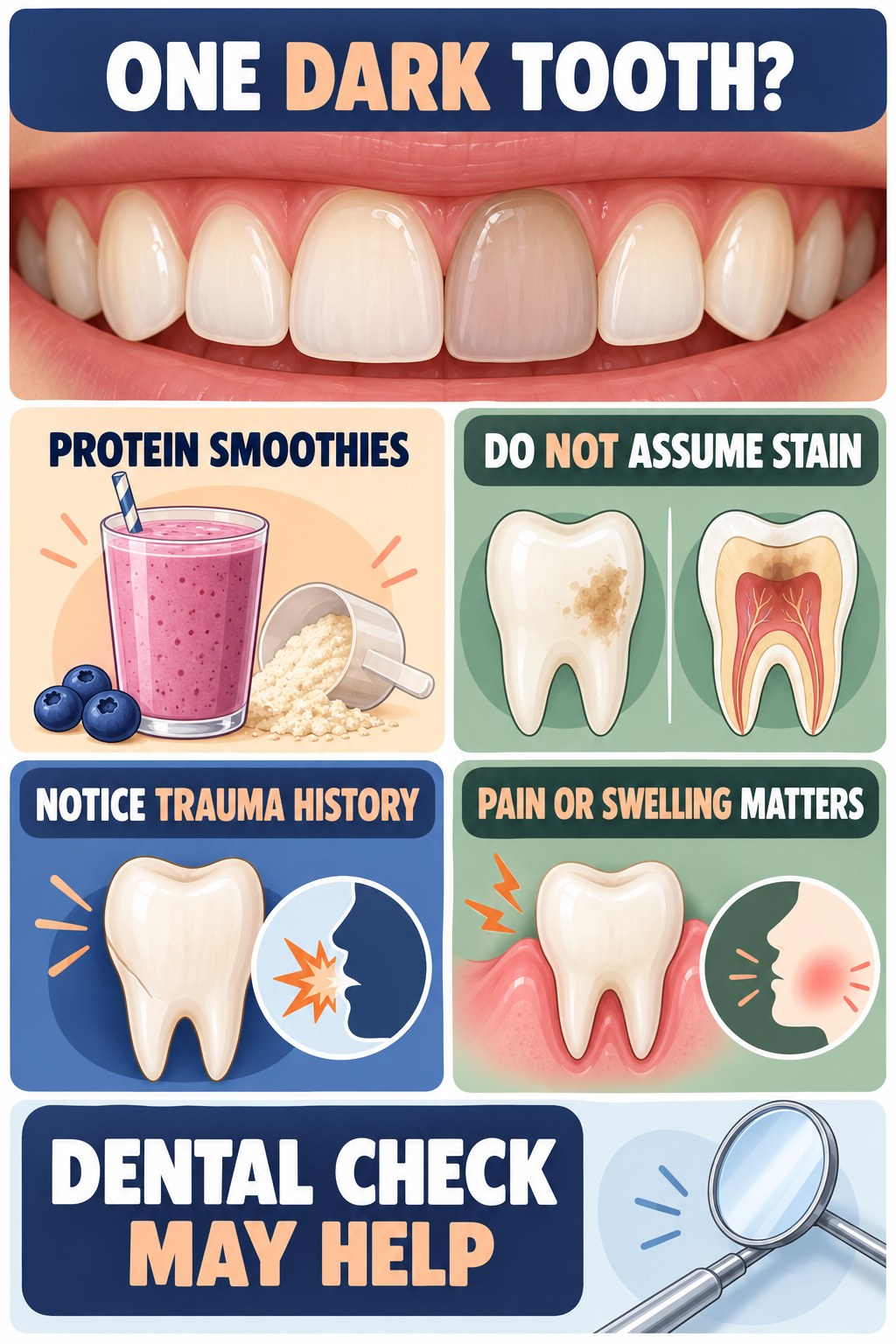 One Dark Tooth Needs a Closer Look infographic for Protein Smoothies with four concise tooth-discoloration safety points.