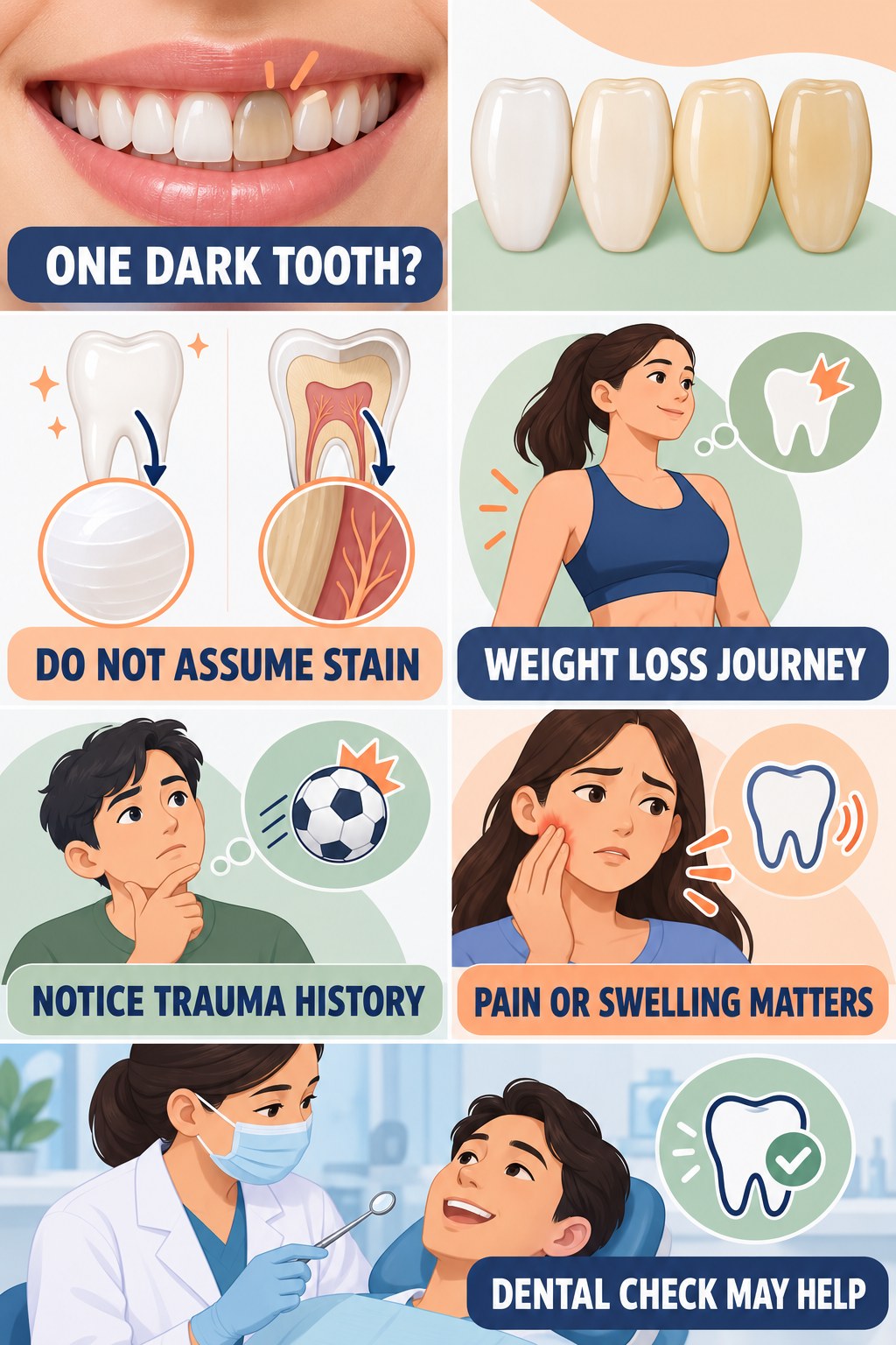 One Dark Tooth Needs a Closer Look infographic for Weight Loss Journey with four concise tooth-discoloration safety points.