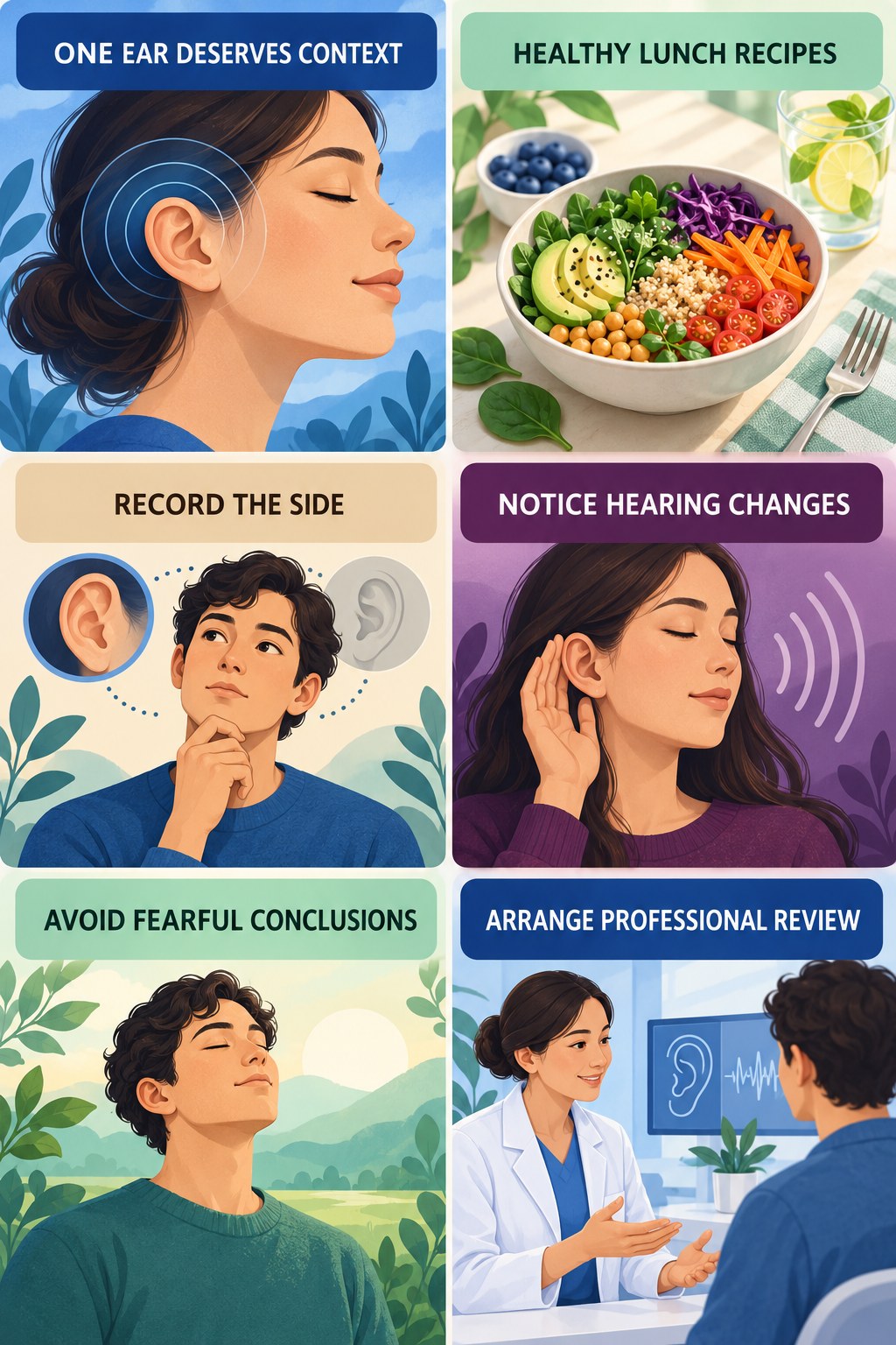 One-Ear Tinnitus Evaluation infographic for Healthy Lunch Recipes with four concise evaluation-guidance points.