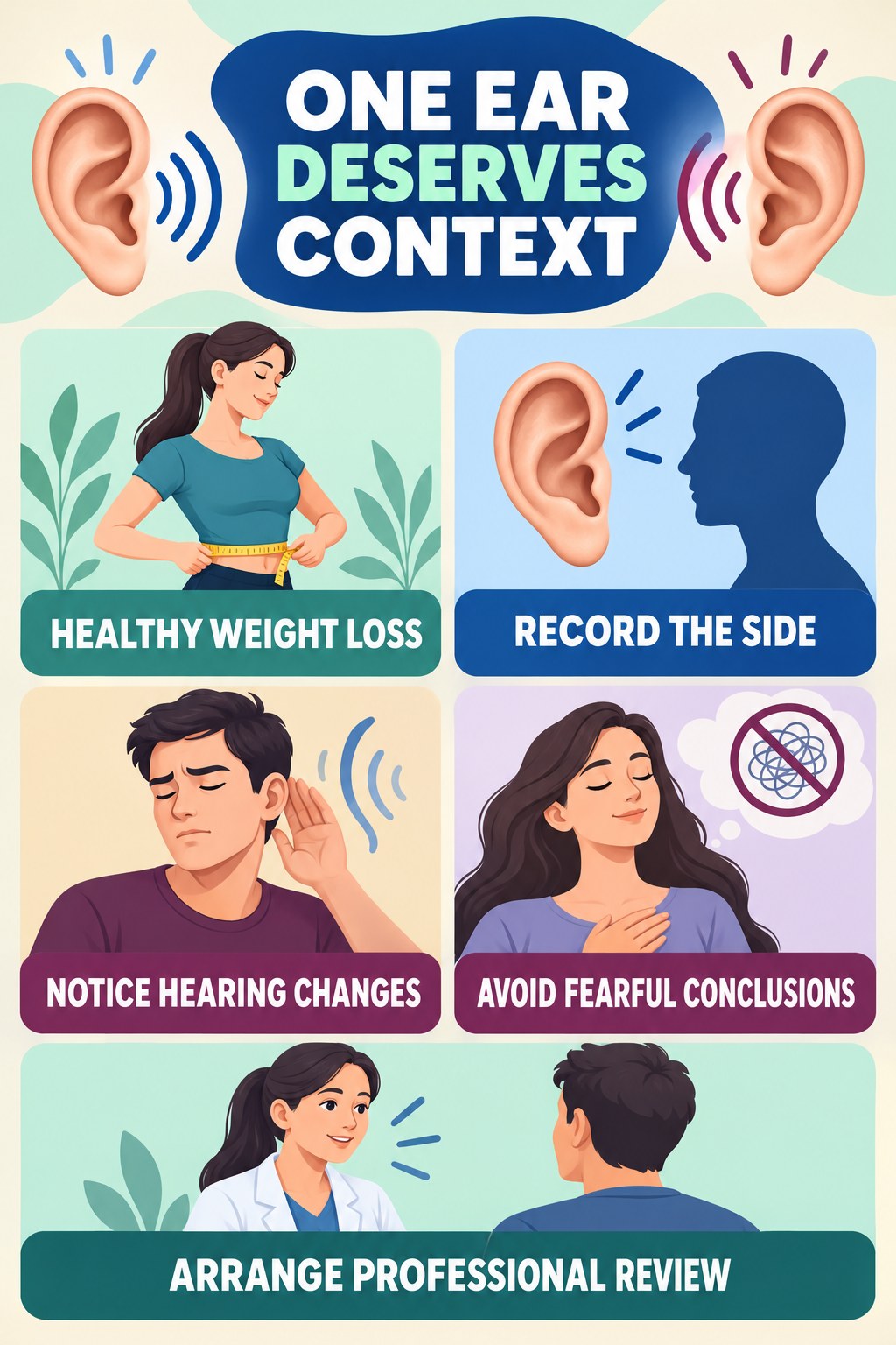 One-Ear Tinnitus Evaluation infographic for Healthy Weight Loss with four concise evaluation-guidance points.