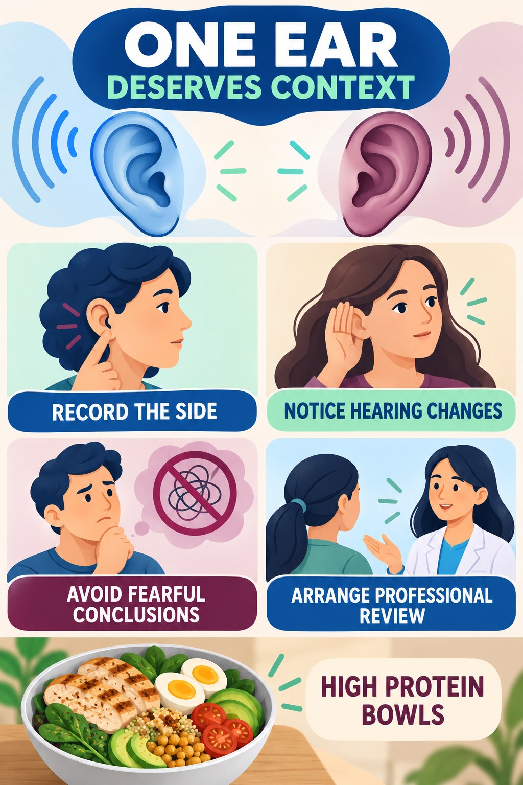 One-Ear Tinnitus Evaluation infographic for High Protein Bowls with four concise evaluation-guidance points.