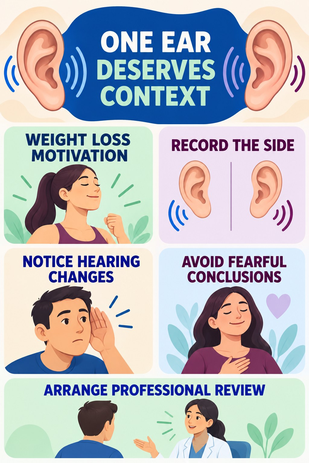 One-Ear Tinnitus Evaluation infographic for Weight Loss Motivation with four concise evaluation-guidance points.