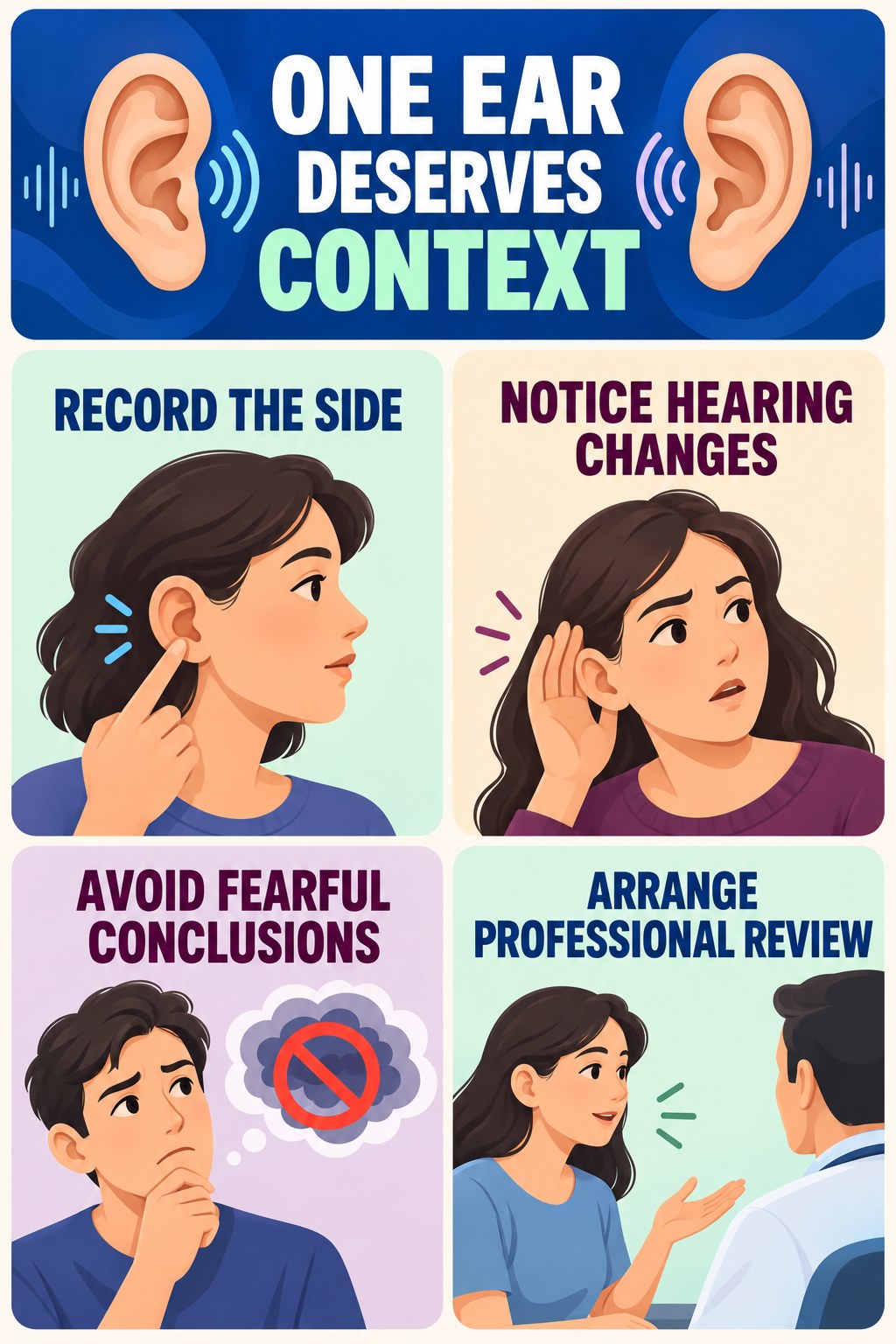One-Ear Tinnitus Evaluation infographic for Weight Loss Smoothies with four concise evaluation-guidance points.