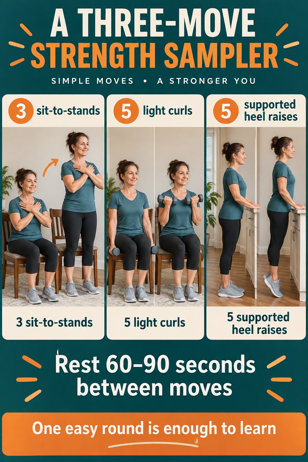 Three teal and orange photo panels show chair stands, light seated curls, and supported heel raises with a generous rest reminder.