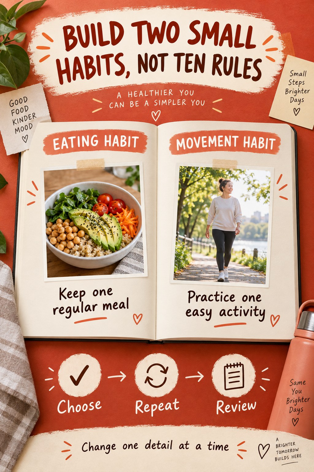 An open notebook pairs a regular meal with an easy movement habit and a choose, repeat, review sequence.
