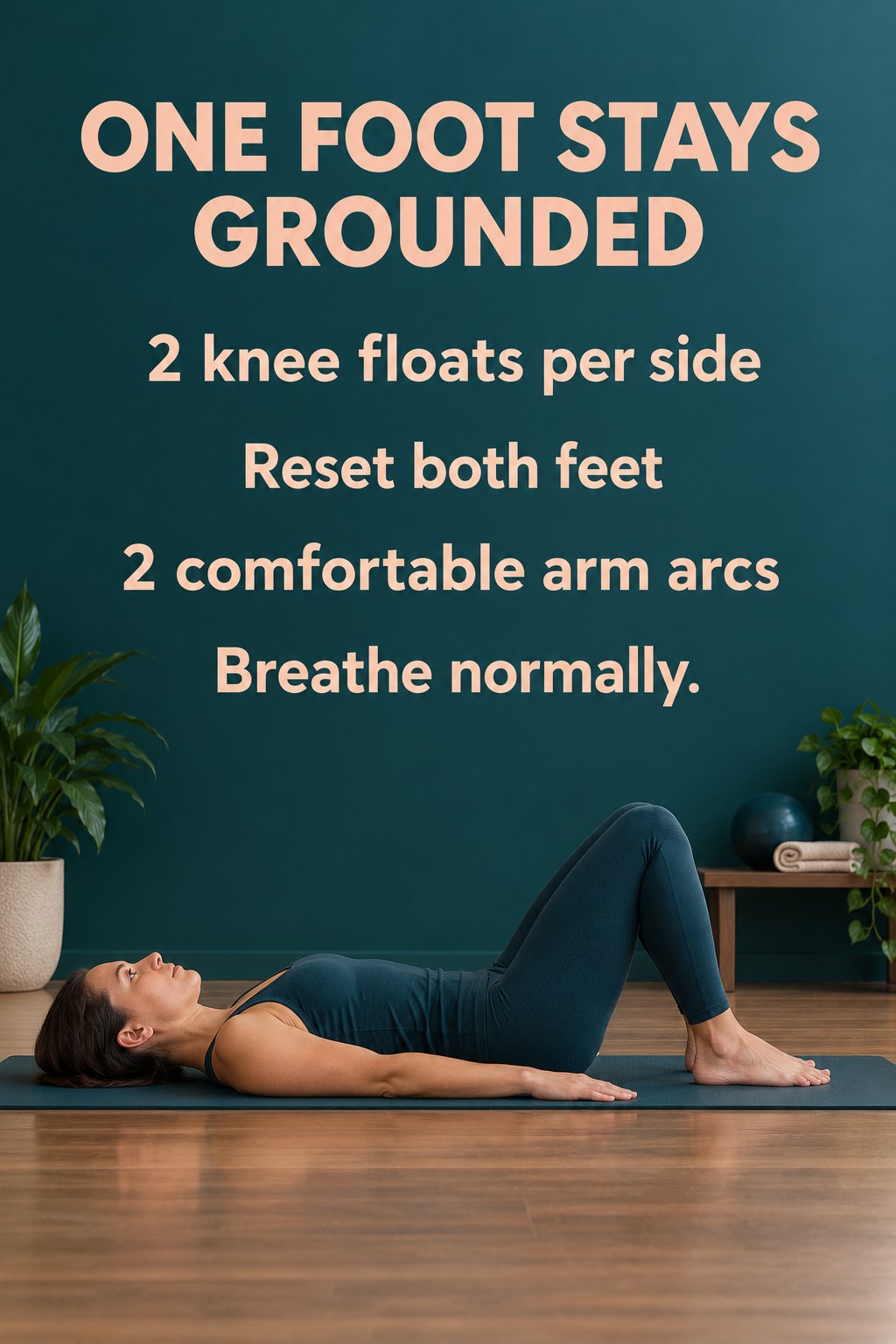 Adult lying on a mat with both knees bent and both feet flat in the starting position.