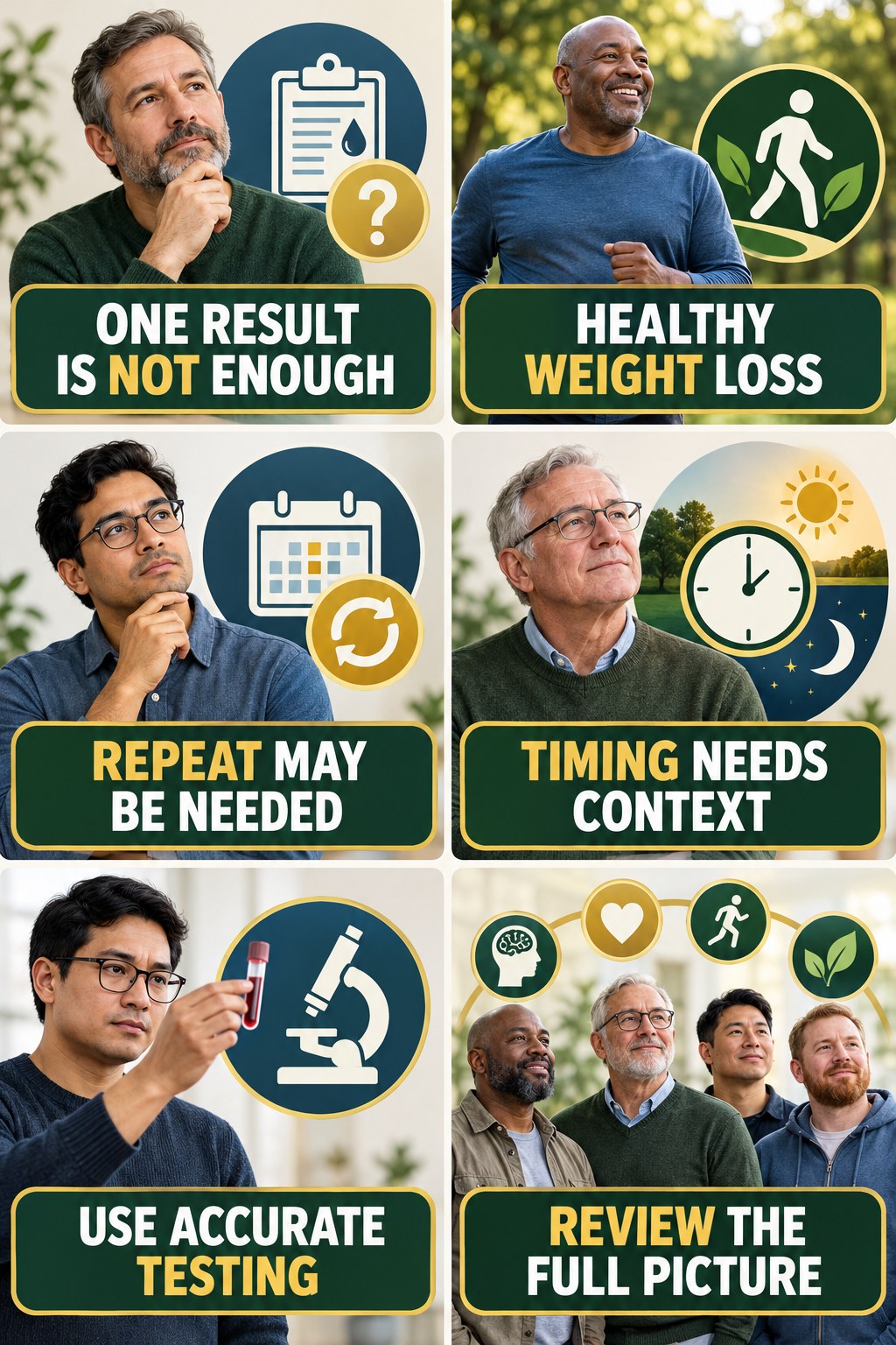 One Lab Result Is Not the Whole Story testosterone-health-awareness infographic for Healthy Weight Loss with four concise educational checks.