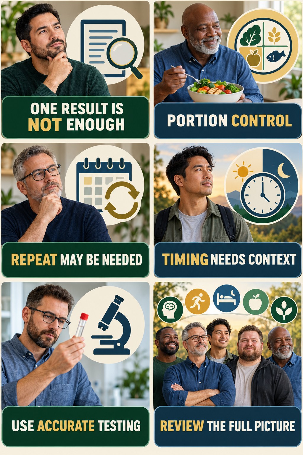 One Lab Result Is Not the Whole Story testosterone-health-awareness infographic for Portion Control with four concise educational checks.