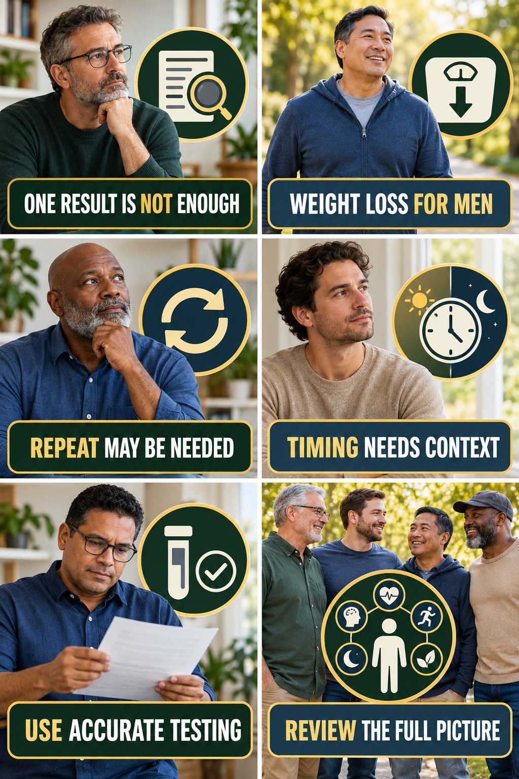 One Lab Result Is Not the Whole Story testosterone-health-awareness infographic for Weight Loss for Men with four concise educational checks.