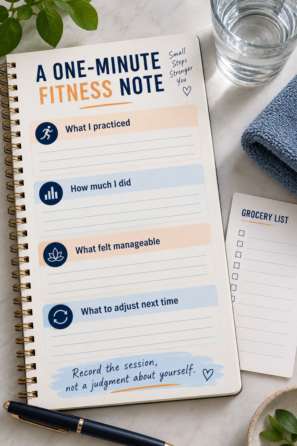 A notebook shows four fitness-note prompts beside a grocery list, towel, and water glass in a navy and apricot layout.