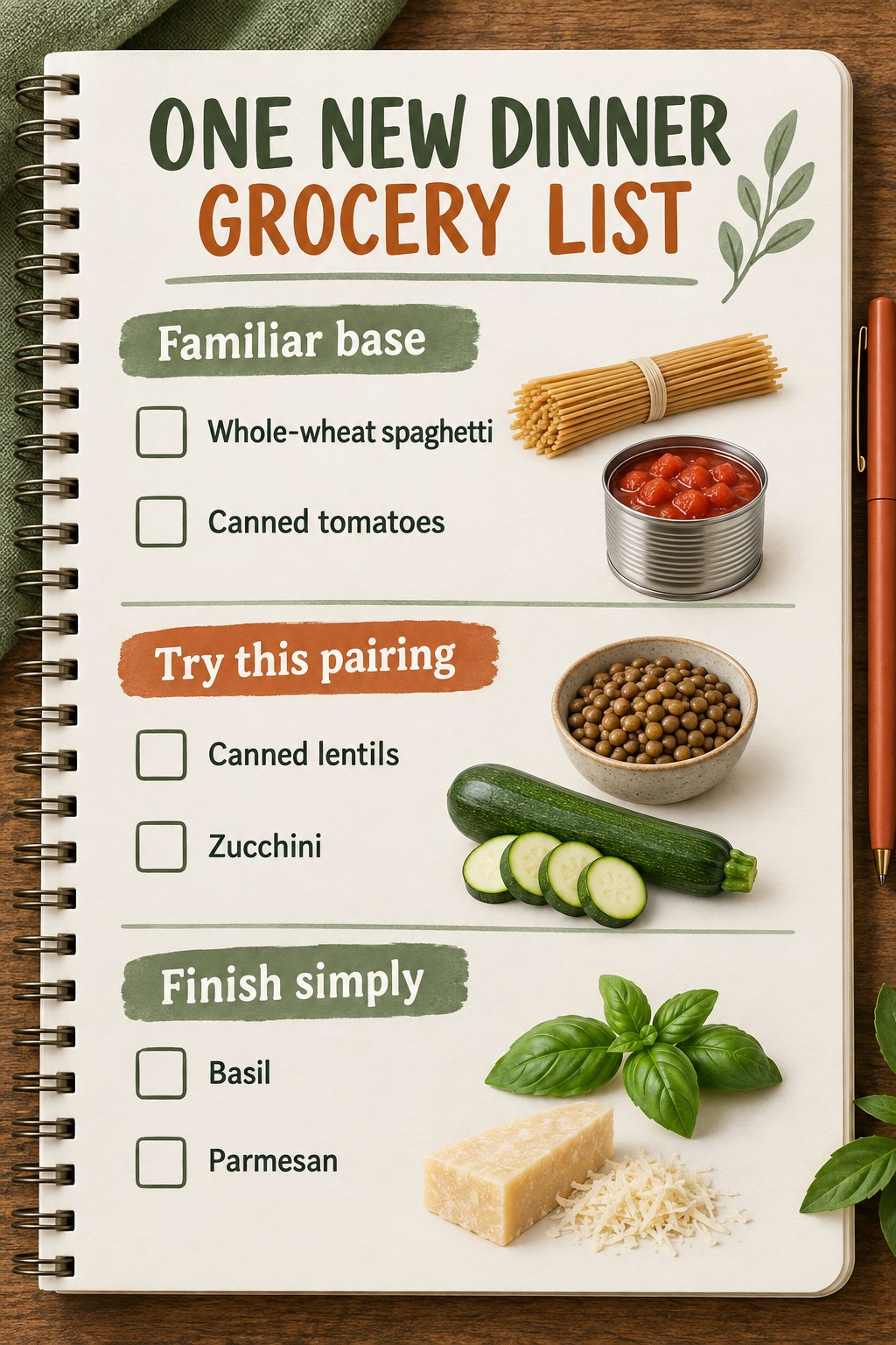 Sage and orange notebook grocery list with whole-wheat spaghetti, canned tomatoes, lentils, zucchini, basil and Parmesan.
