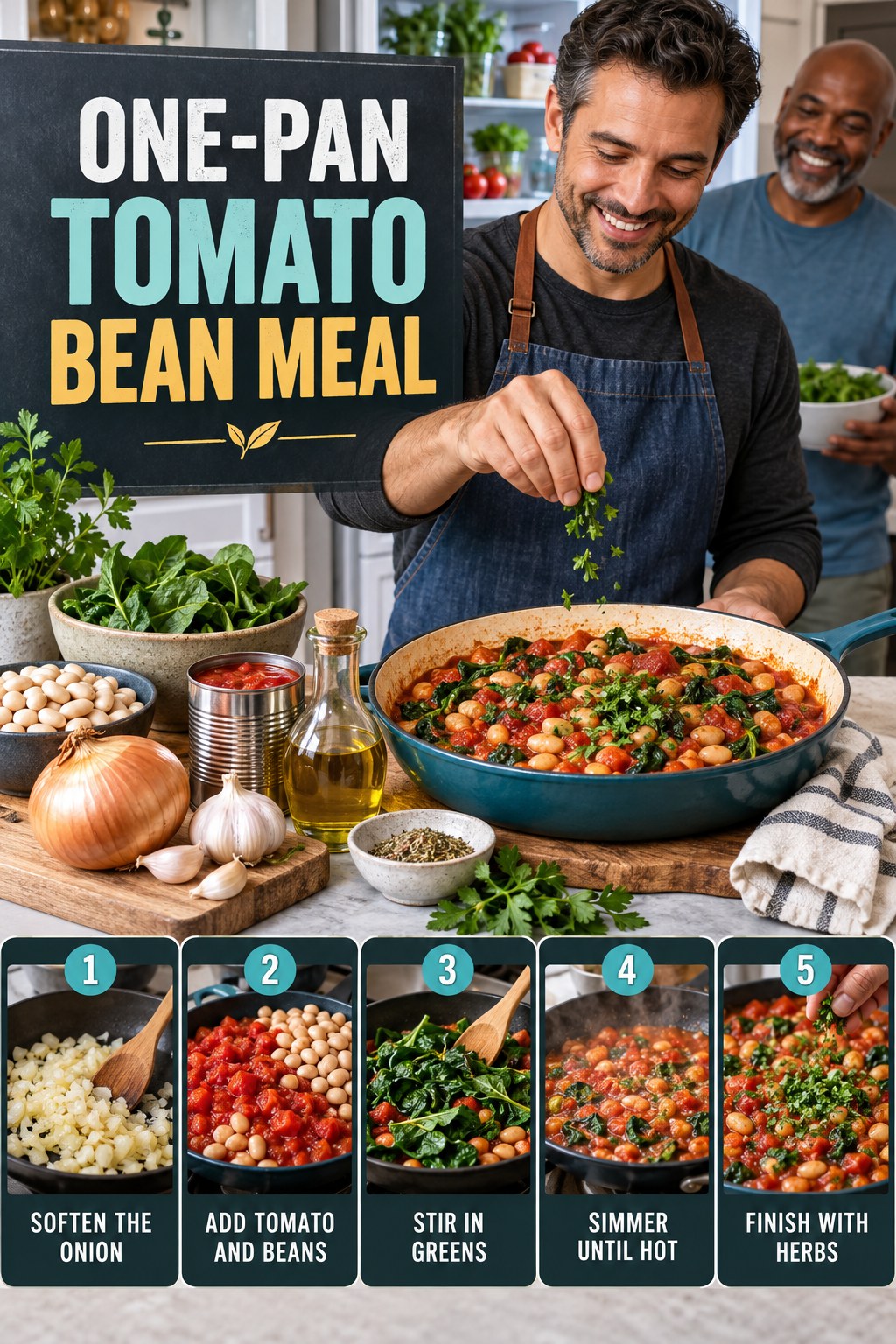 One-Pan Tomato Bean Meal for Weight Loss for Men with five readable preparation cues and a realistic finished dish.