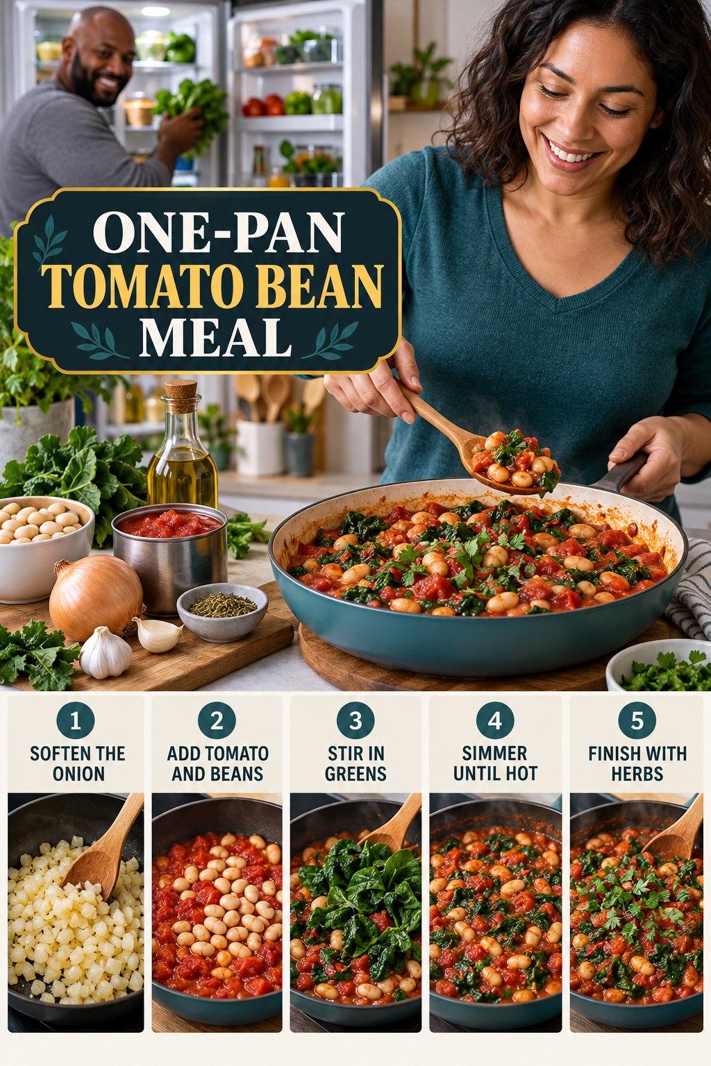 One-Pan Tomato Bean Meal for Weight Loss Tips with five readable preparation cues and a realistic finished dish.