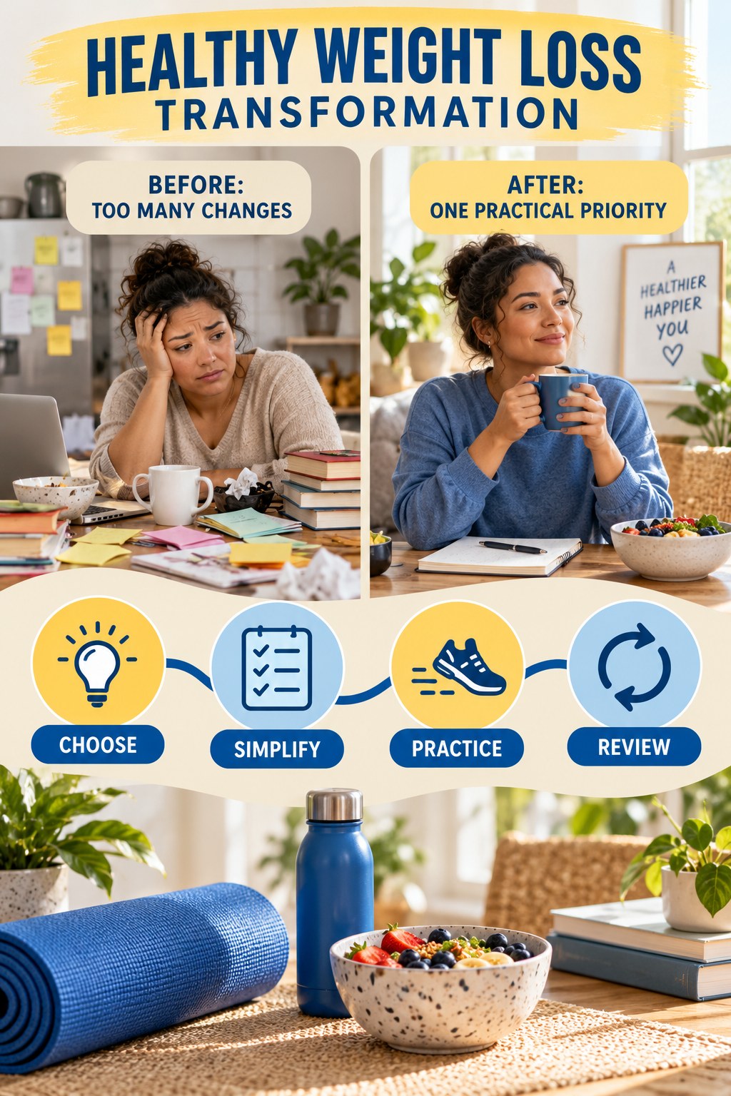 Healthy Weight Loss habit transformation graphic comparing too many changes with one practical priority using four practical steps.