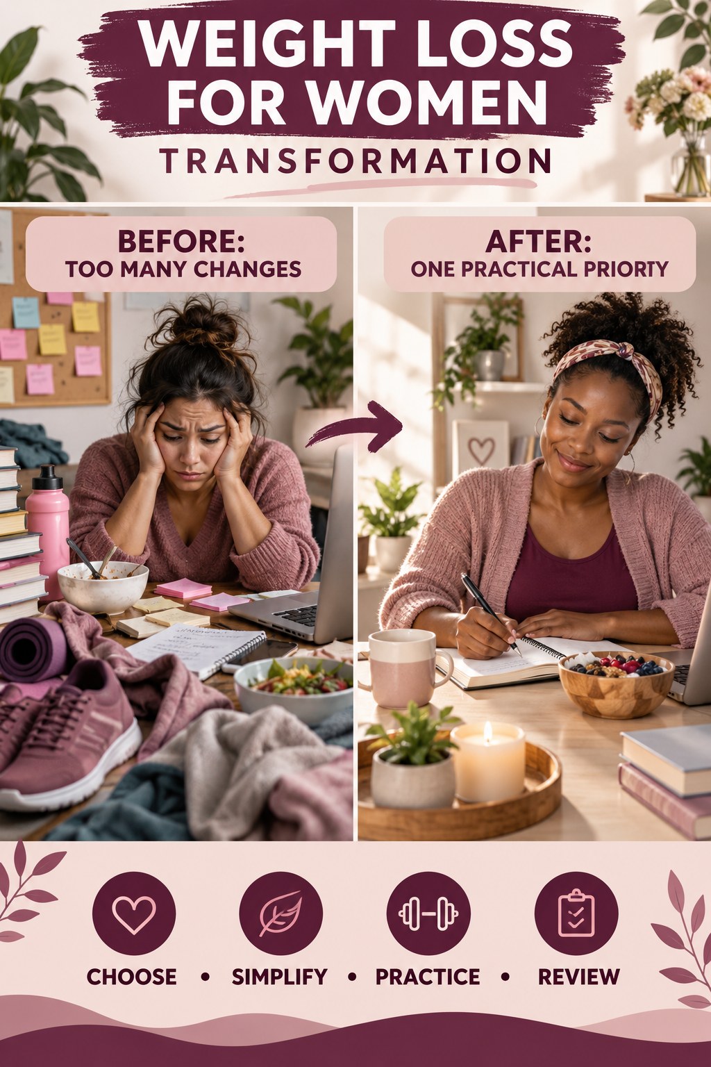 Weight Loss for Women habit transformation graphic comparing too many changes with one practical priority using four practical steps.