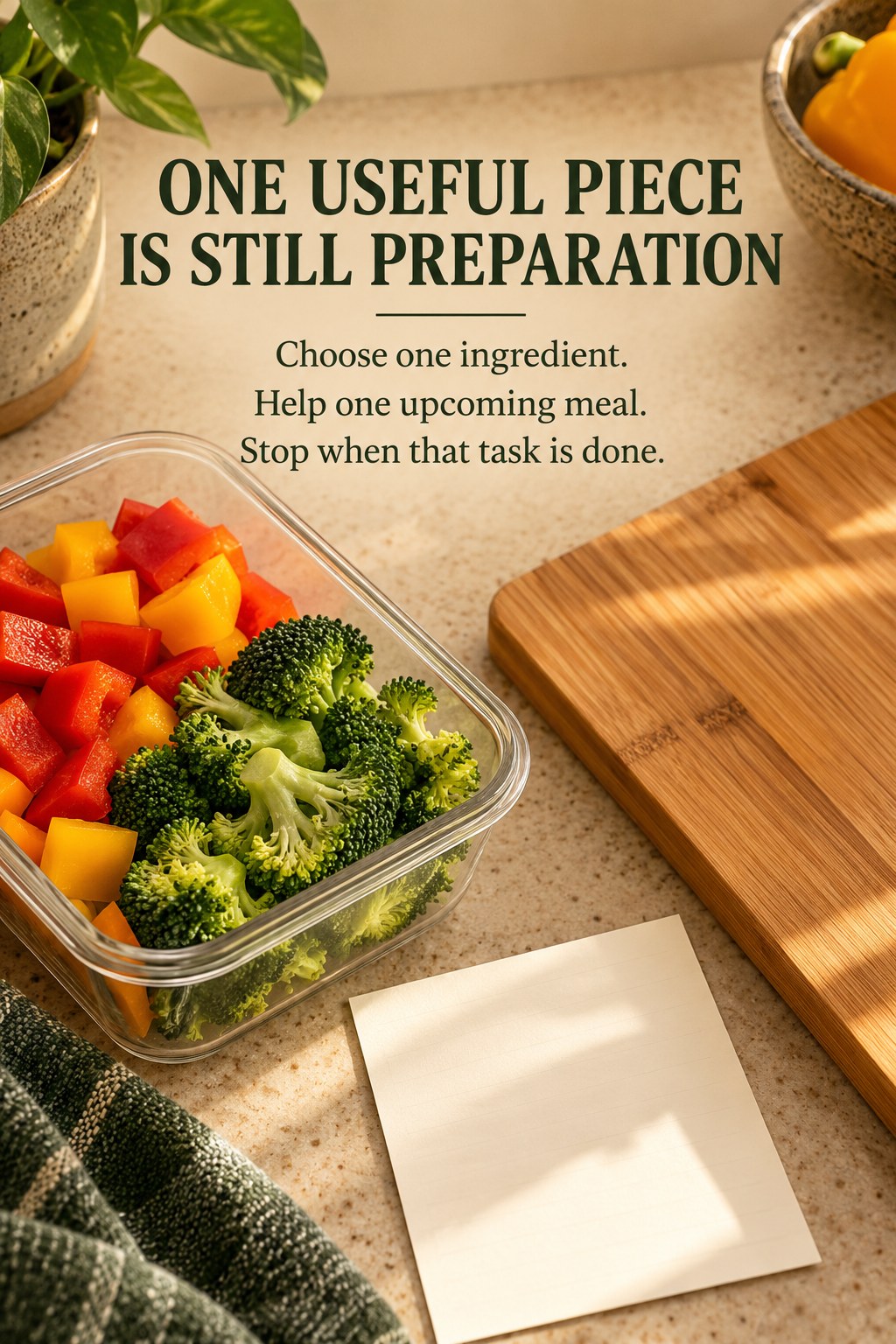 A single container of prepared vegetables beside a cutting board and a simple meal note.
