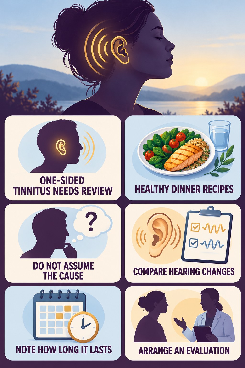 One-Sided Tinnitus Awareness infographic for Healthy Dinner Recipes with four concise tinnitus-awareness points.