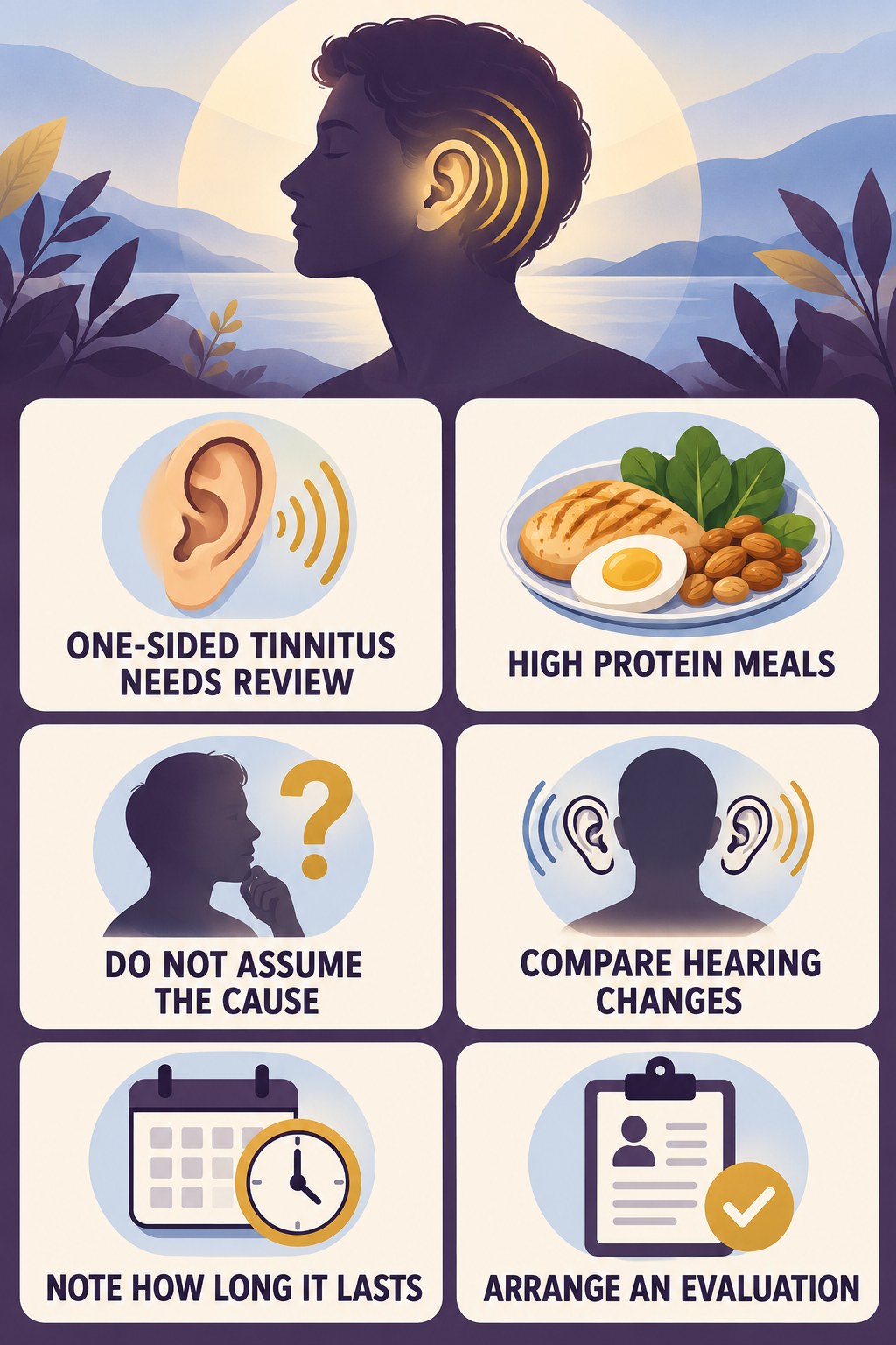 One-Sided Tinnitus Awareness infographic for High Protein Meals with four concise tinnitus-awareness points.