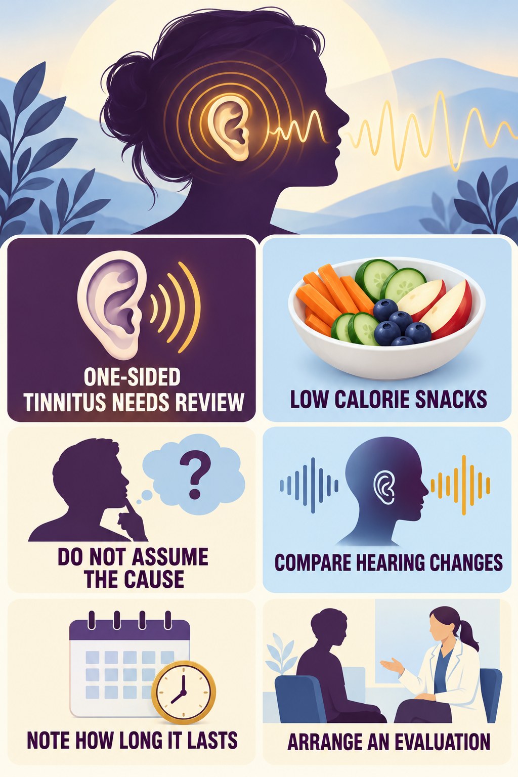 One-Sided Tinnitus Awareness infographic for Low Calorie Snacks with four concise tinnitus-awareness points.
