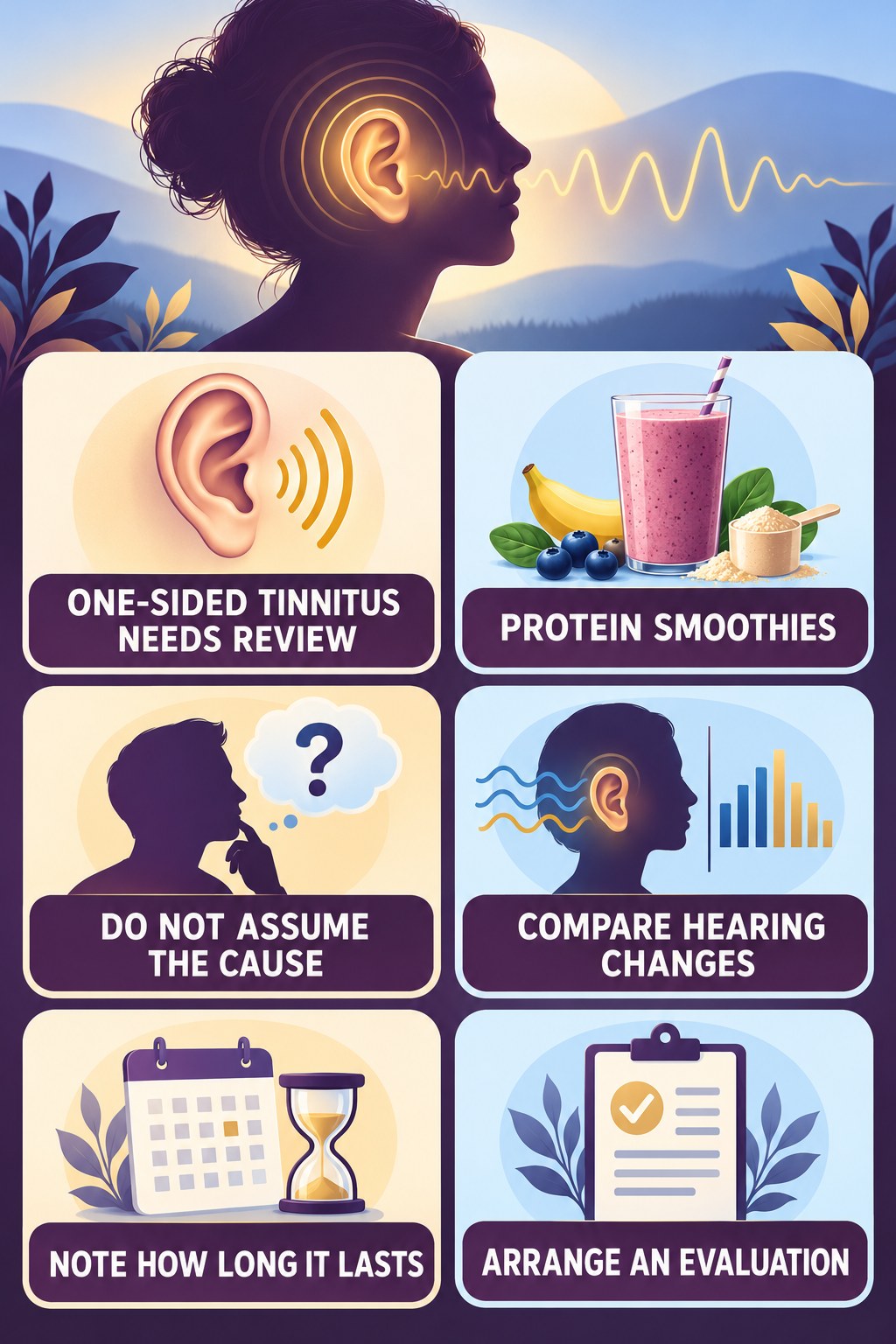 One-Sided Tinnitus Awareness infographic for Protein Smoothies with four concise tinnitus-awareness points.