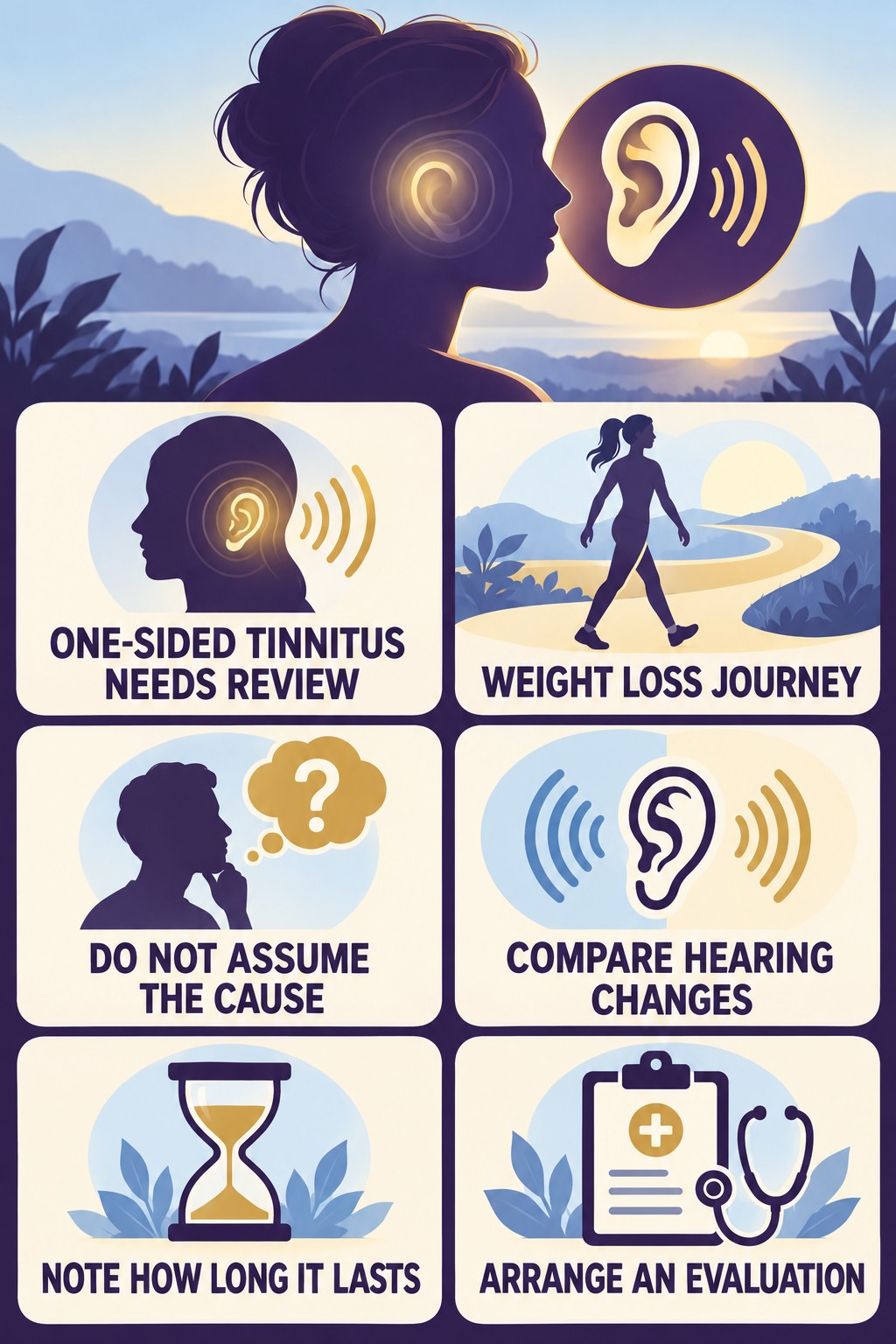 One-Sided Tinnitus Awareness infographic for Weight Loss Journey with four concise tinnitus-awareness points.
