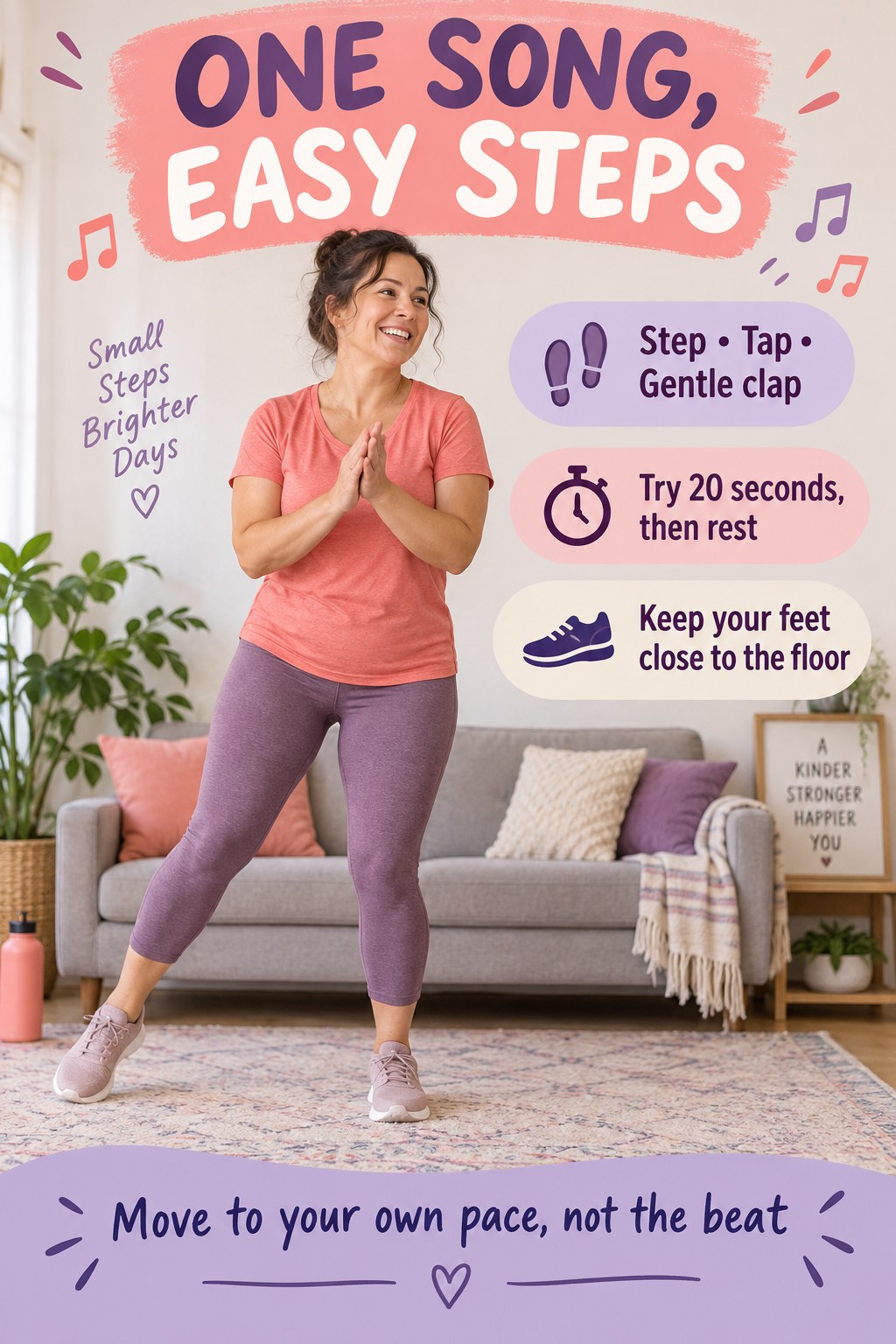 Woman makes a small side step and gentle clap in a coral and lilac poster that encourages an easy personal pace.