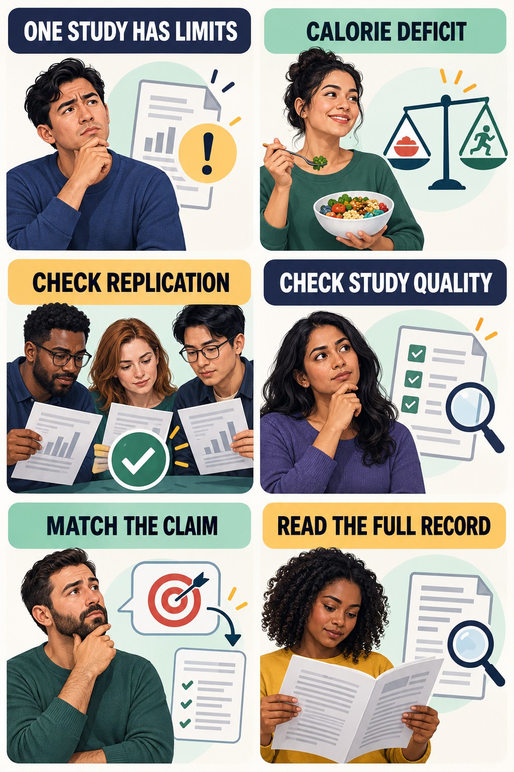 One Study Does Not Settle Every Claim evidence-literacy infographic for Calorie Deficit with four concise claim-evaluation checks.