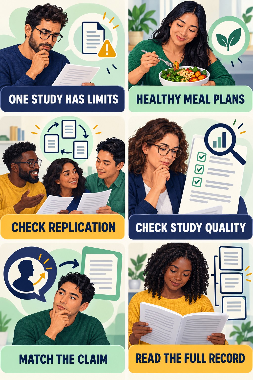 One Study Does Not Settle Every Claim evidence-literacy infographic for Healthy Meal Plans with four concise claim-evaluation checks.