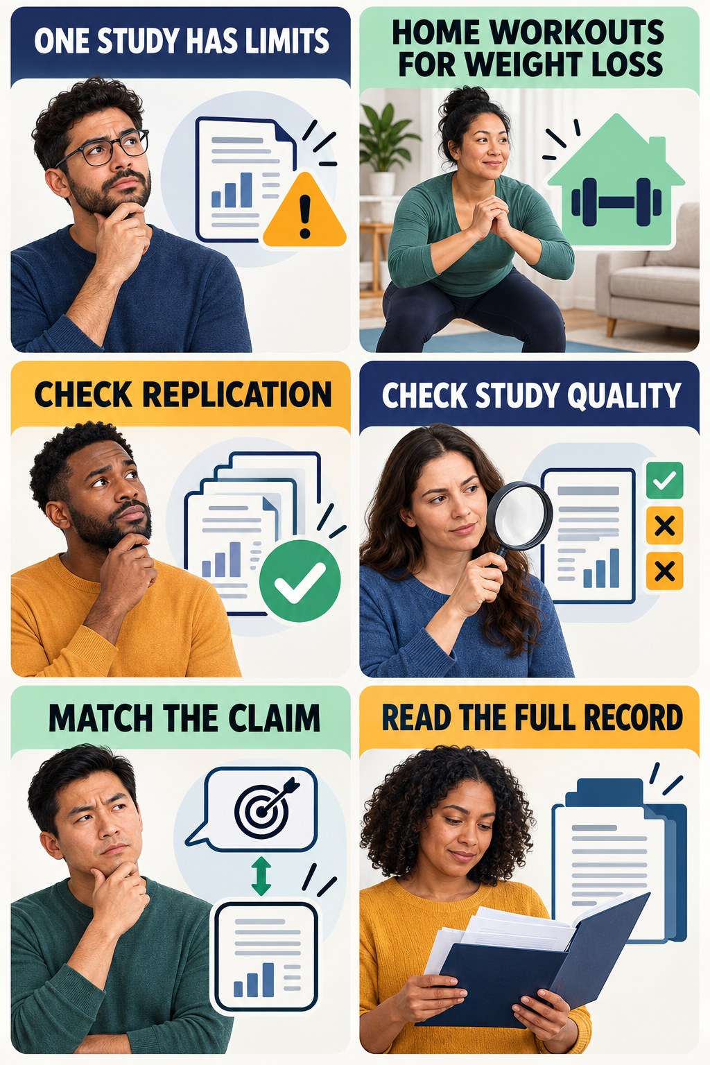 One Study Does Not Settle Every Claim evidence-literacy infographic for Home Workouts for Weight Loss with four concise claim-evaluation checks.