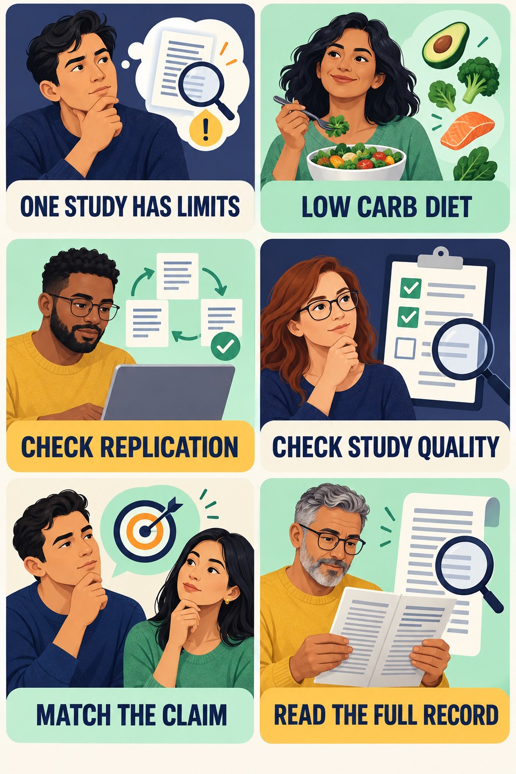 One Study Does Not Settle Every Claim evidence-literacy infographic for Low Carb Diet with four concise claim-evaluation checks.