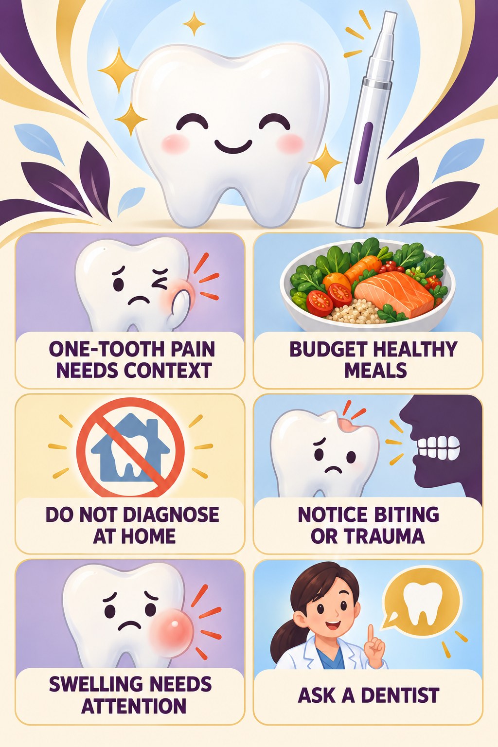 One-Tooth Pain During Whitening infographic for Budget Healthy Meals with four concise whitening-gel-pen safety points.