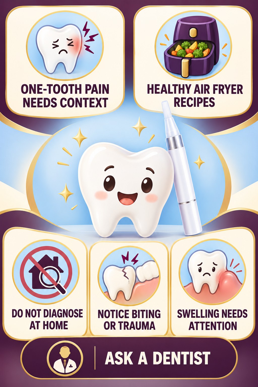 One-Tooth Pain During Whitening infographic for Healthy Air Fryer Recipes with four concise whitening-gel-pen safety points.