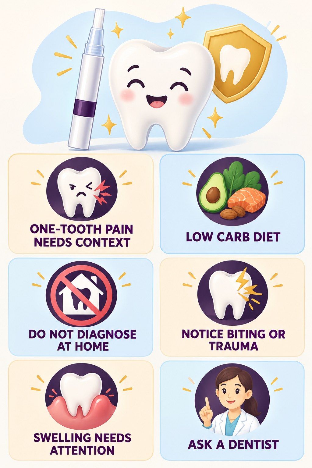 One-Tooth Pain During Whitening infographic for Low Carb Diet with four concise whitening-gel-pen safety points.