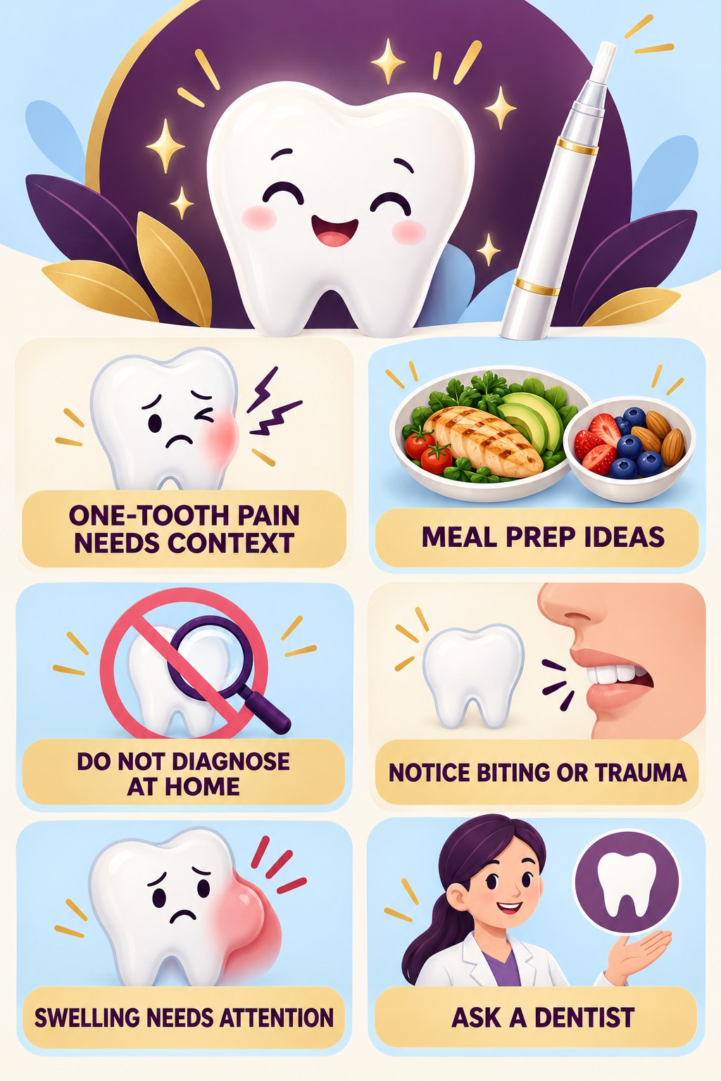 One-Tooth Pain During Whitening infographic for Meal Prep Ideas with four concise whitening-gel-pen safety points.