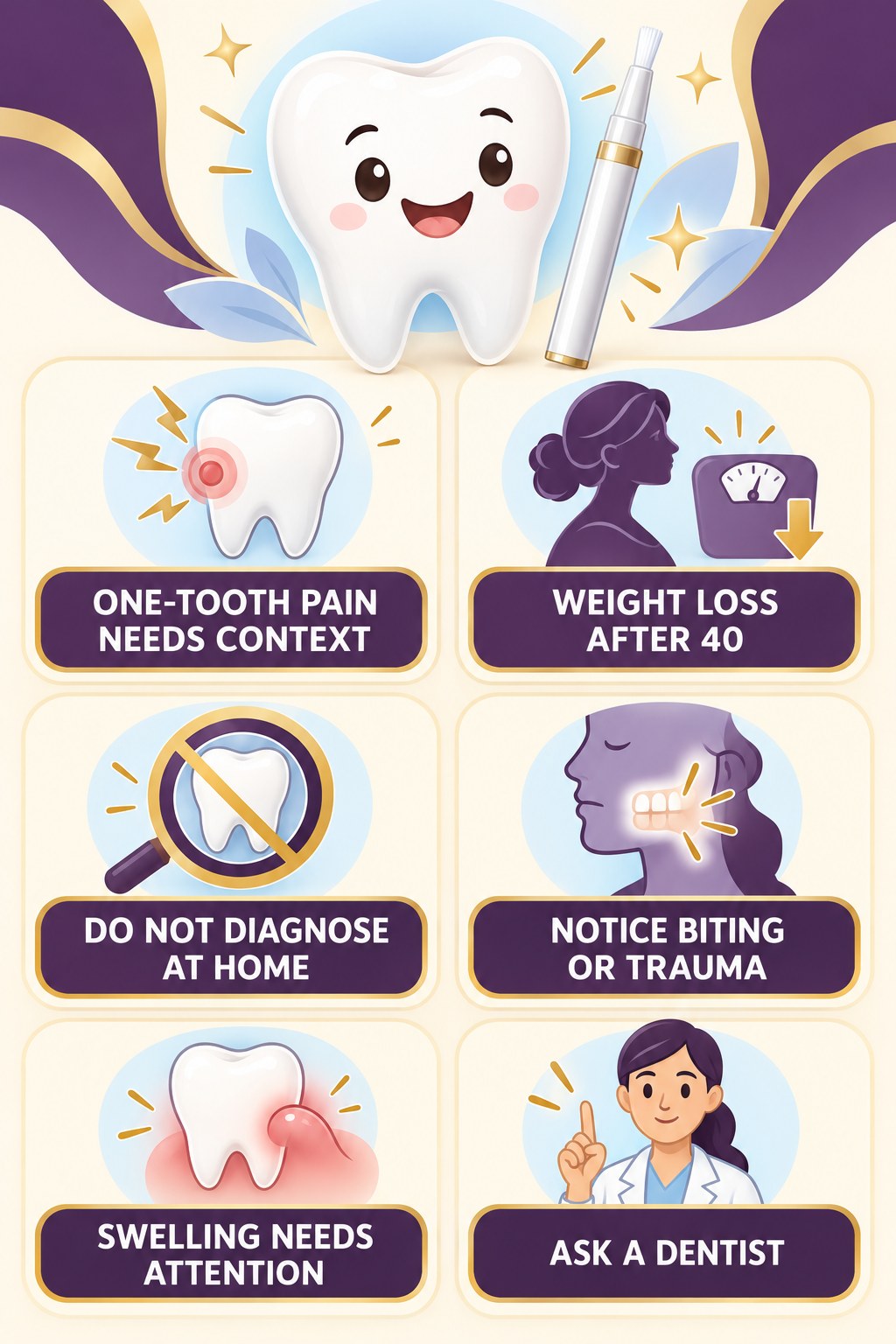 One-Tooth Pain During Whitening infographic for Weight Loss After 40 with four concise whitening-gel-pen safety points.