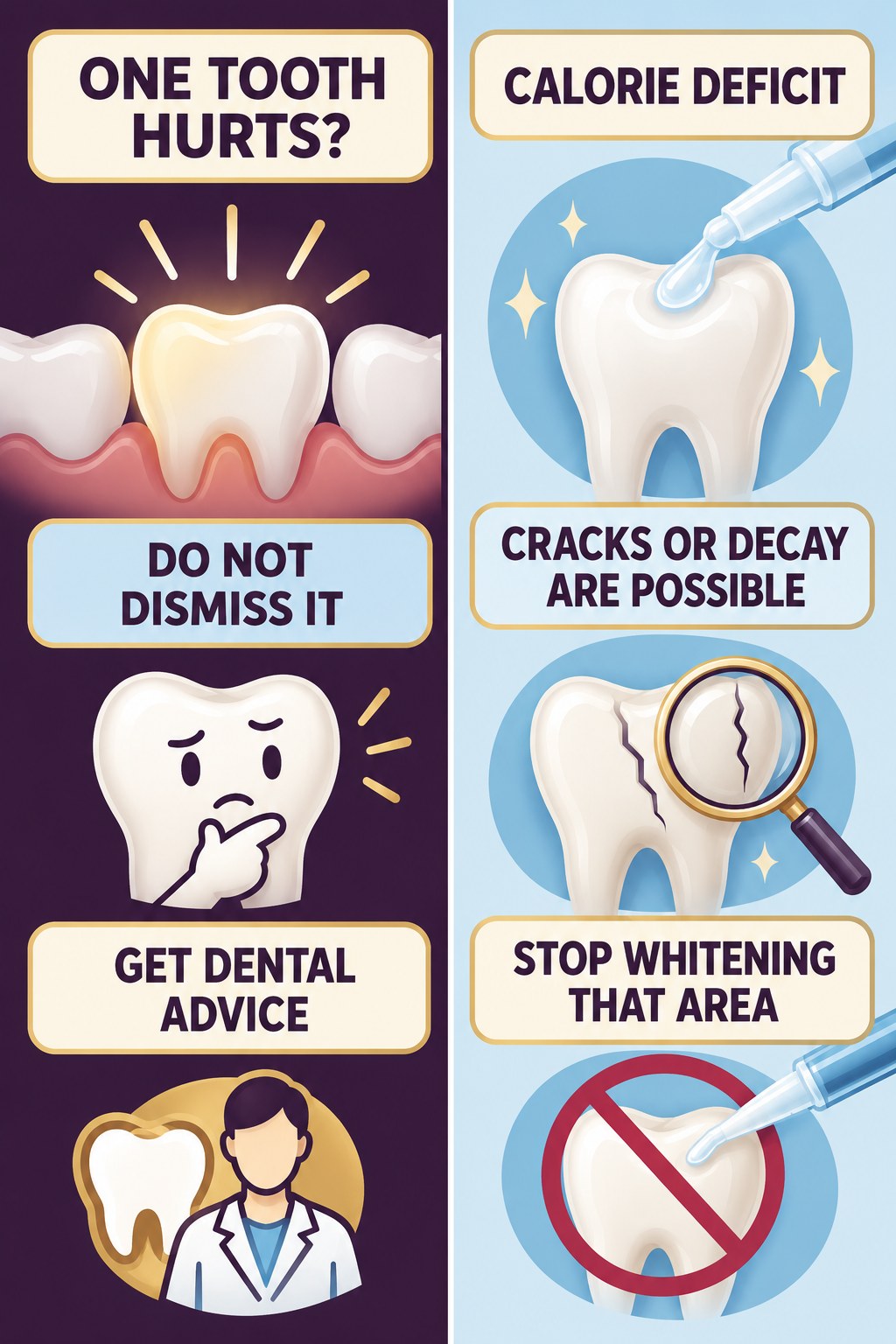 One-Tooth Sensitivity Is Not Routine Whitening infographic for Calorie Deficit with four concise whitening-sensitivity safety points.