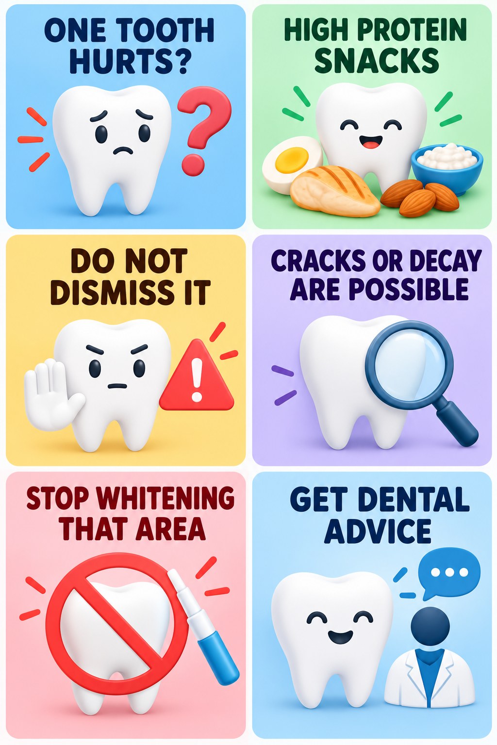 One-Tooth Sensitivity Is Not Routine Whitening infographic for High Protein Snacks with four concise whitening-sensitivity safety points.