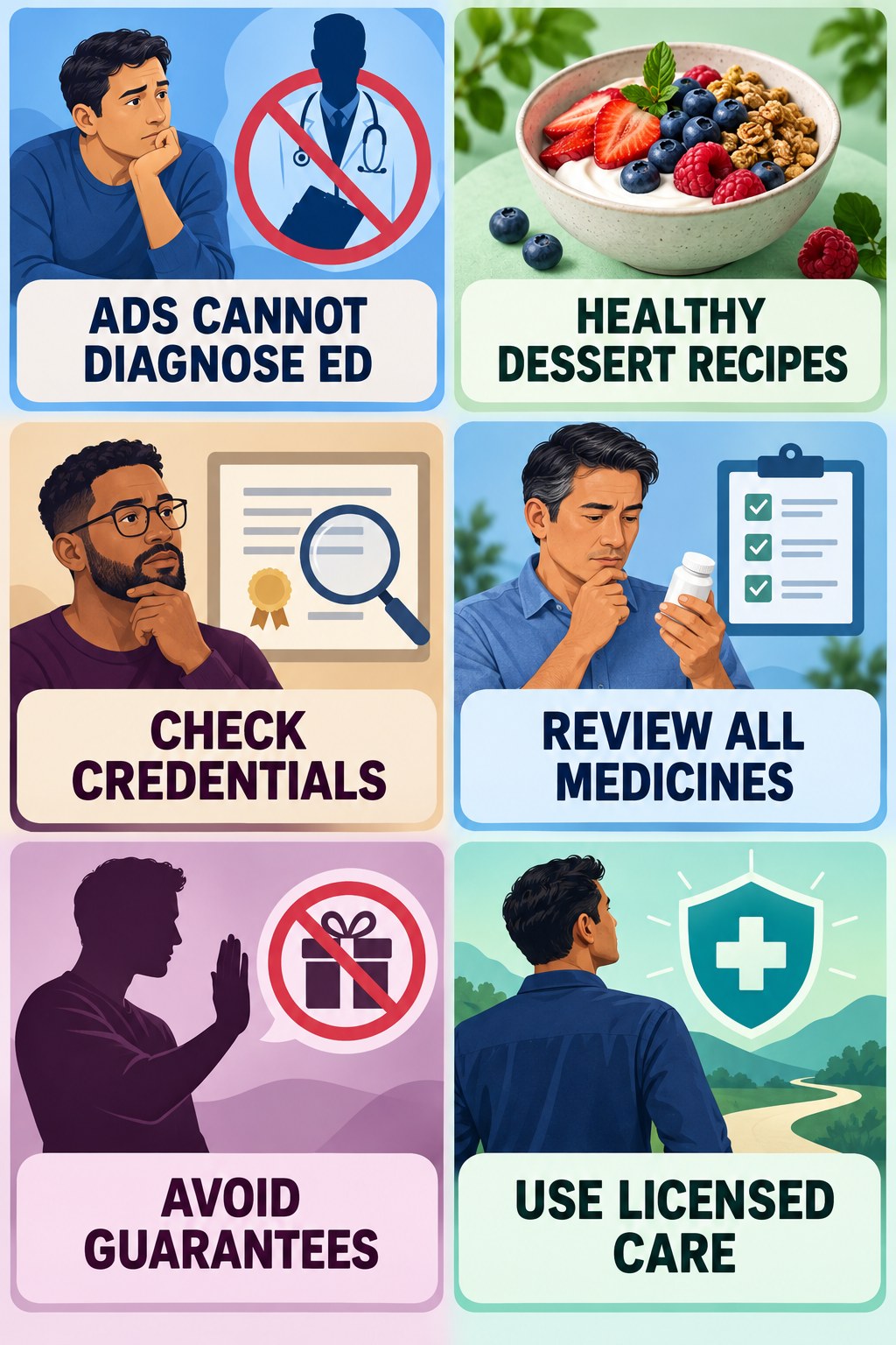 Online ED Ads Are Not a Diagnosis infographic for Healthy Dessert Recipes with four concise, non-shaming sexual-health education points.