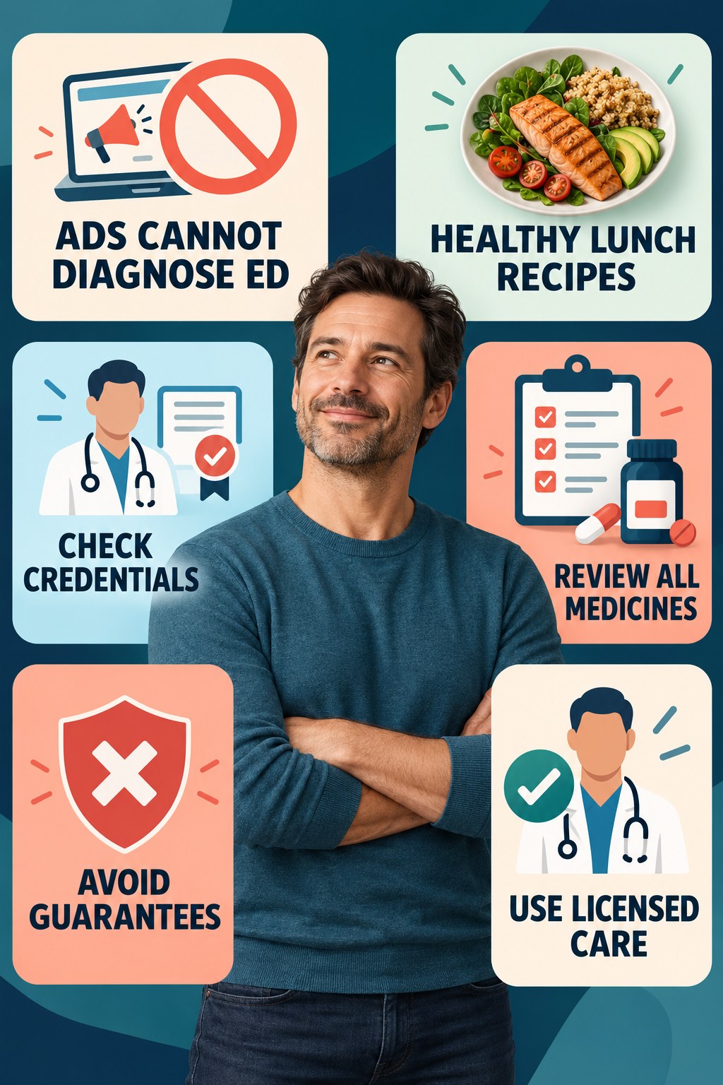 Online ED Ads Are Not a Diagnosis infographic for Healthy Lunch Recipes with four concise, non-shaming sexual-health education points.