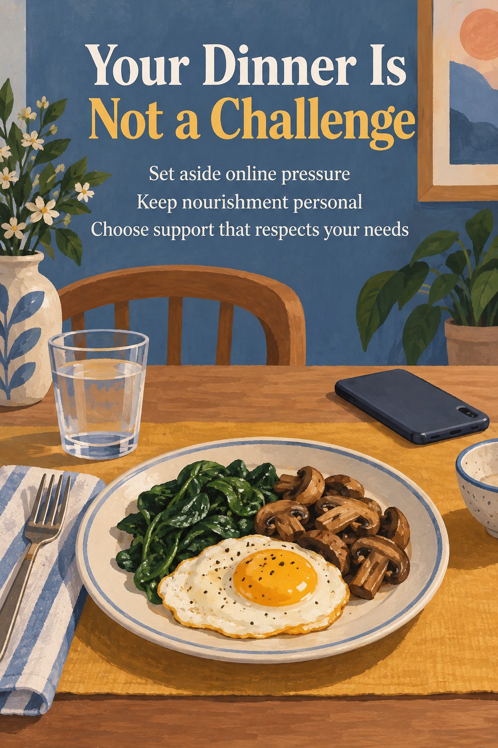 Egg, spinach, and mushroom dinner with a phone set aside and a headline about keeping dinner personal.