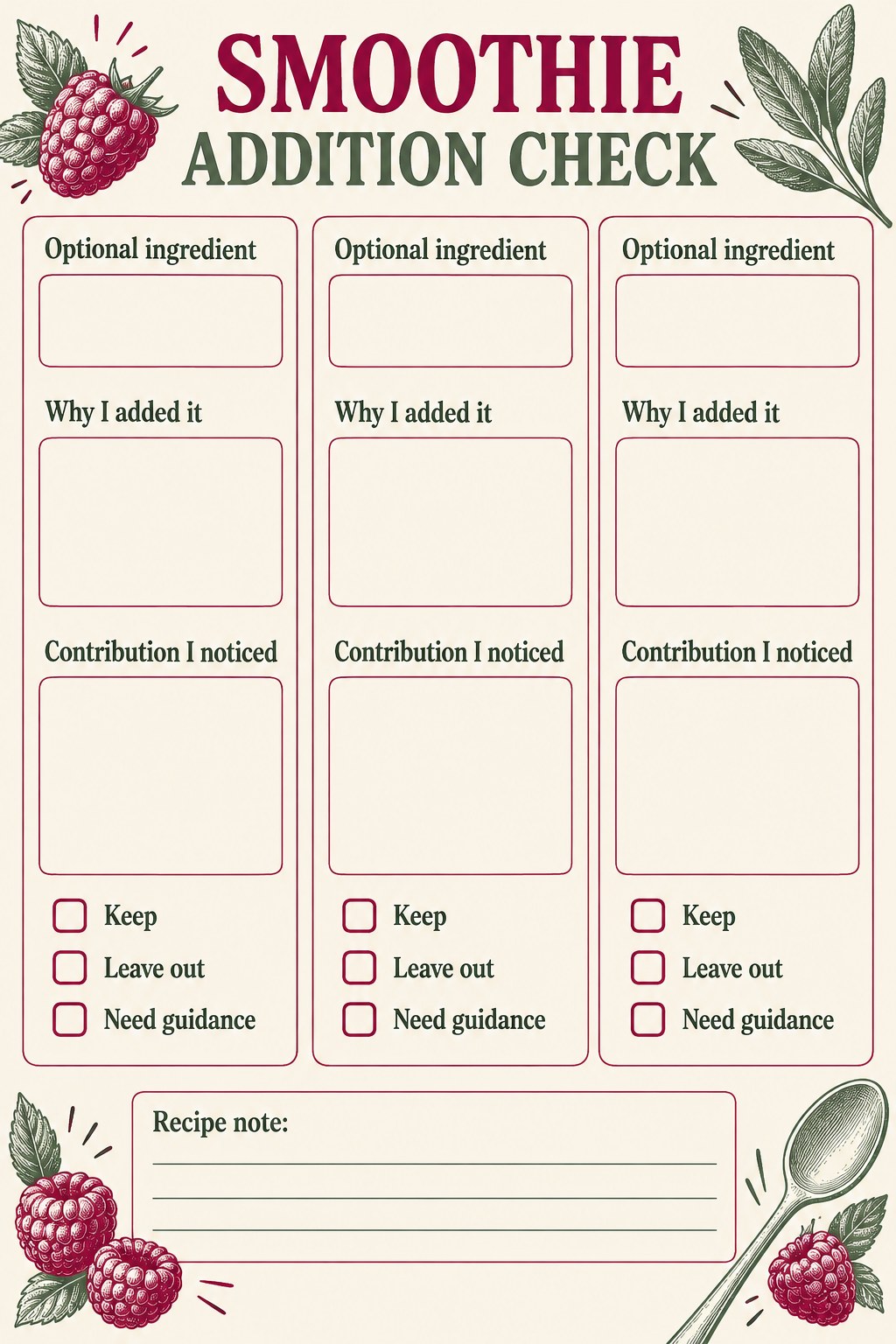 Blank optional smoothie ingredient review with ingredient, reason, contribution, and future choice fields.