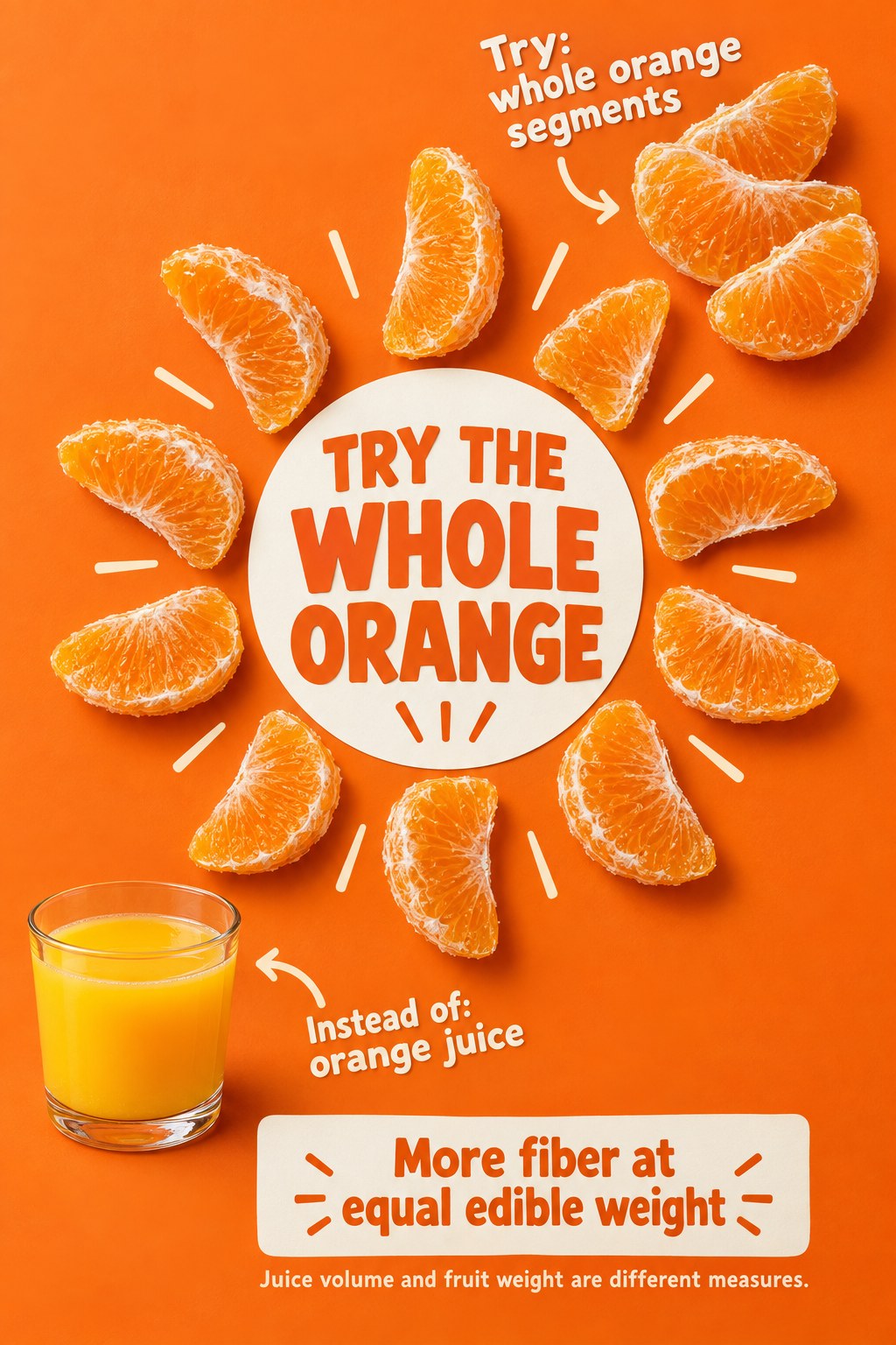 Orange segments arranged in a sunburst beside a glass of juice, with a whole-fruit swap and equal-weight fiber callout.