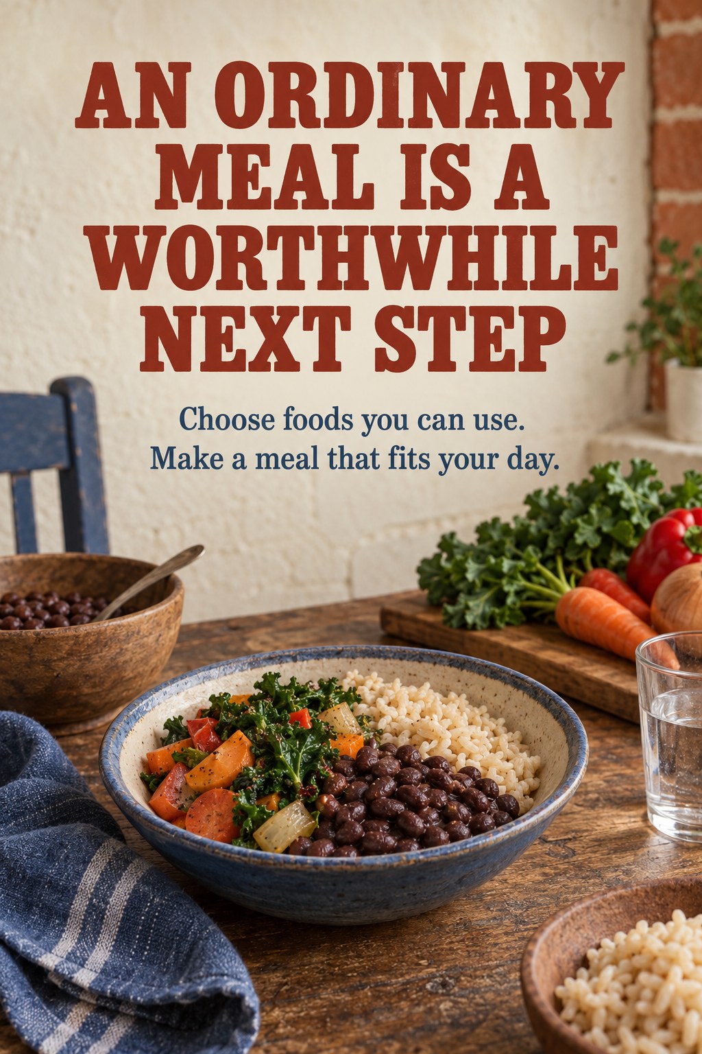An everyday meal of beans, vegetables, and rice on a simple dining table.